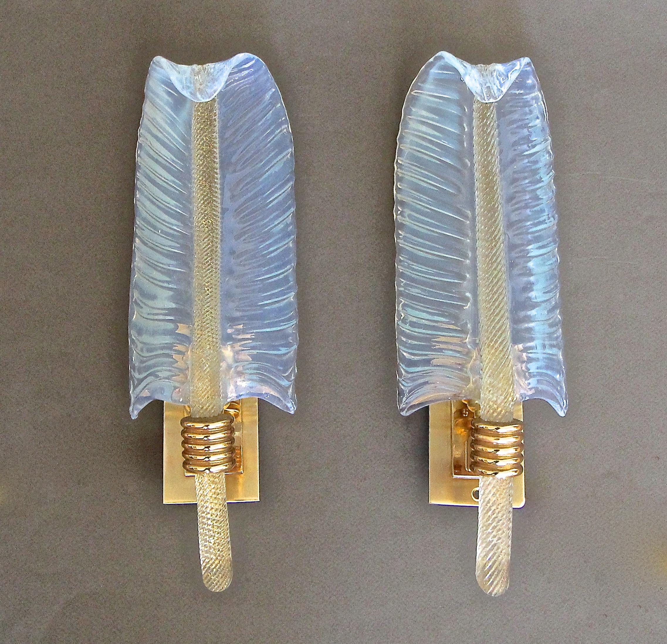 Pair of Barovier Murano Leaf Opalescent and Gold Glass Sconces 6