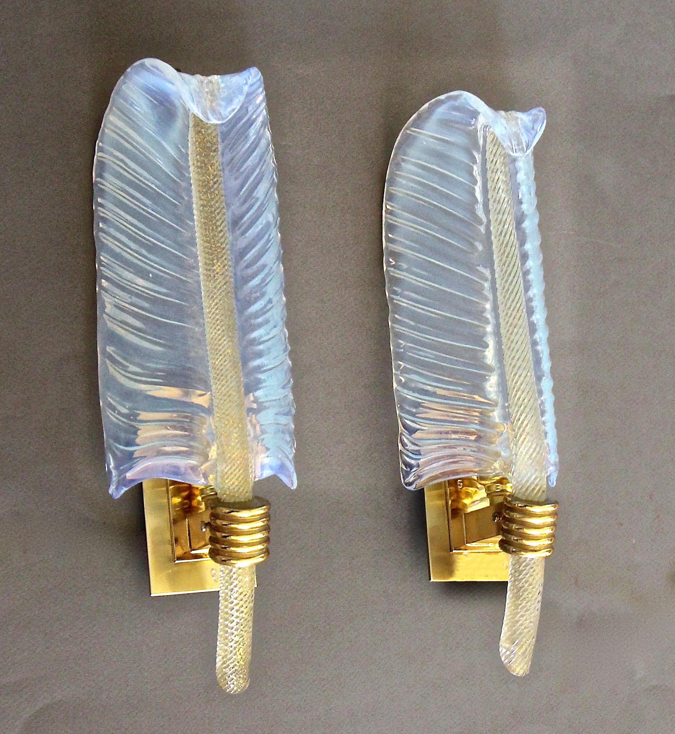 Pair of Barovier Murano Leaf Opalescent and Gold Glass Sconces 7