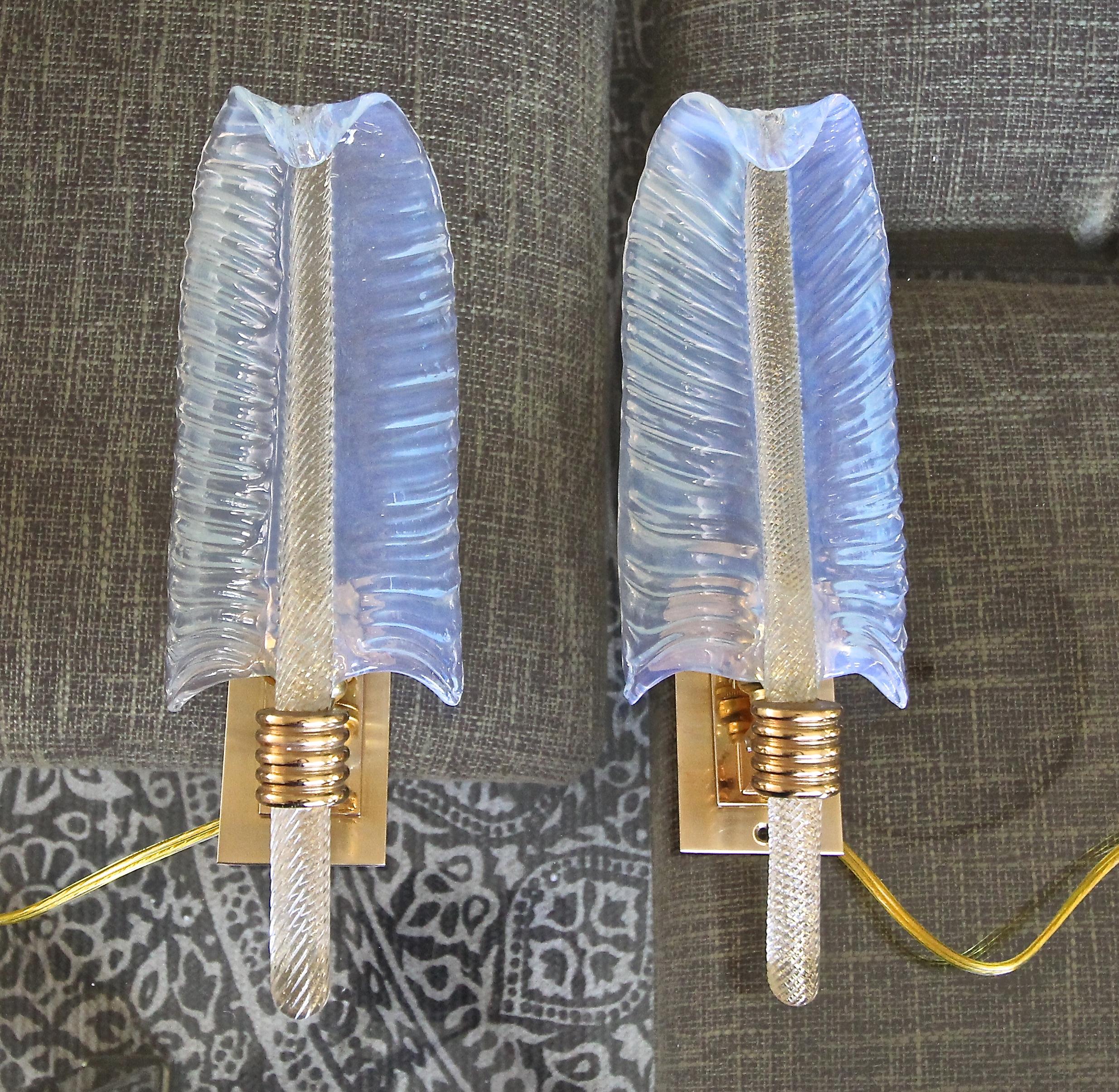 Italian Pair of Barovier Murano Leaf Opalescent and Gold Glass Sconces