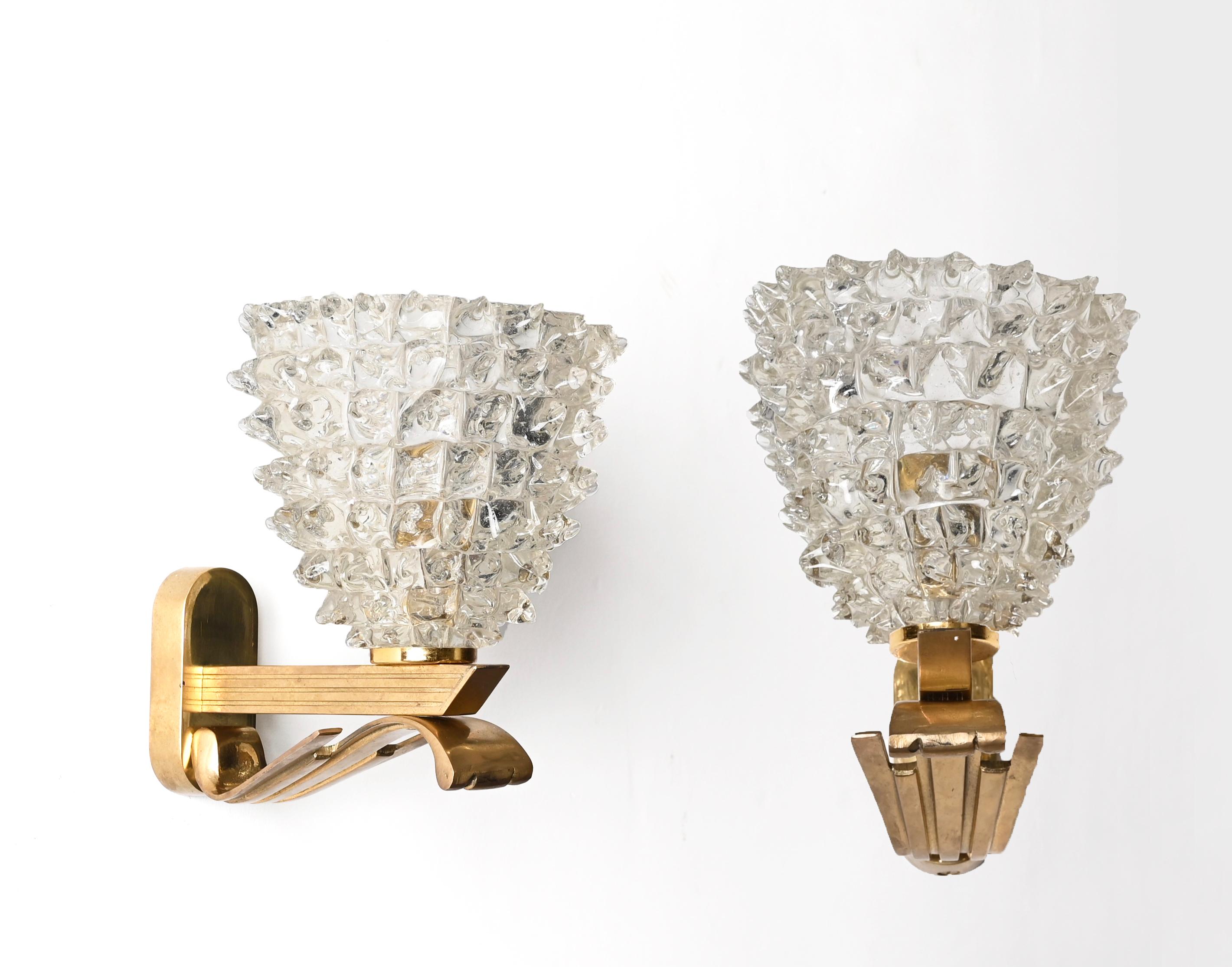 Pair of Barovier Murano Rostrato Glass and Brass Sconces, Italy 1950s 5