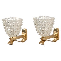 Pair of Barovier Murano Rostrato Glass and Brass Sconces, Italy 1950s