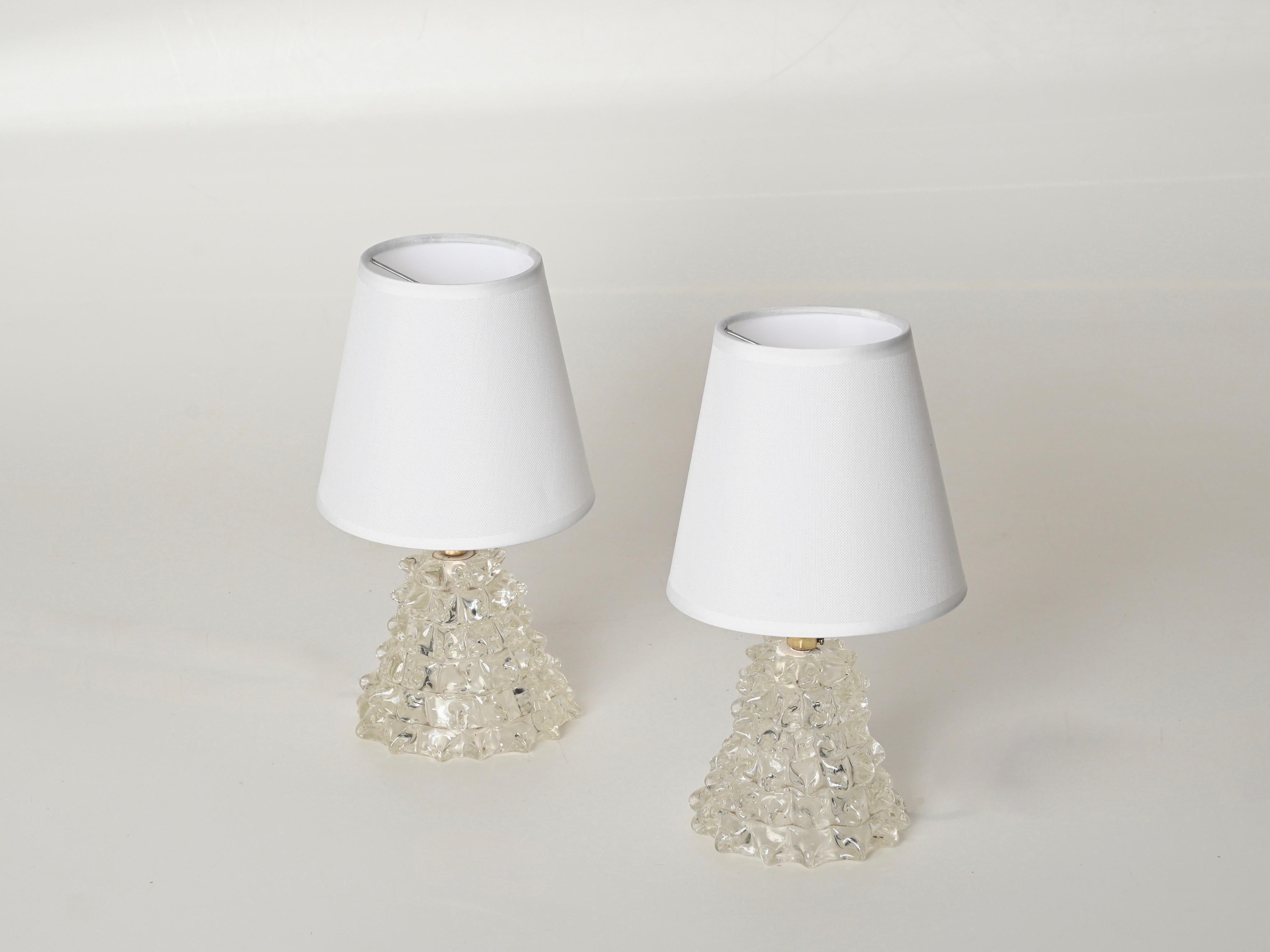Italian Pair of Barovier Murano Rostrato Glass and Brass Table Lamps, Italy 1940s For Sale