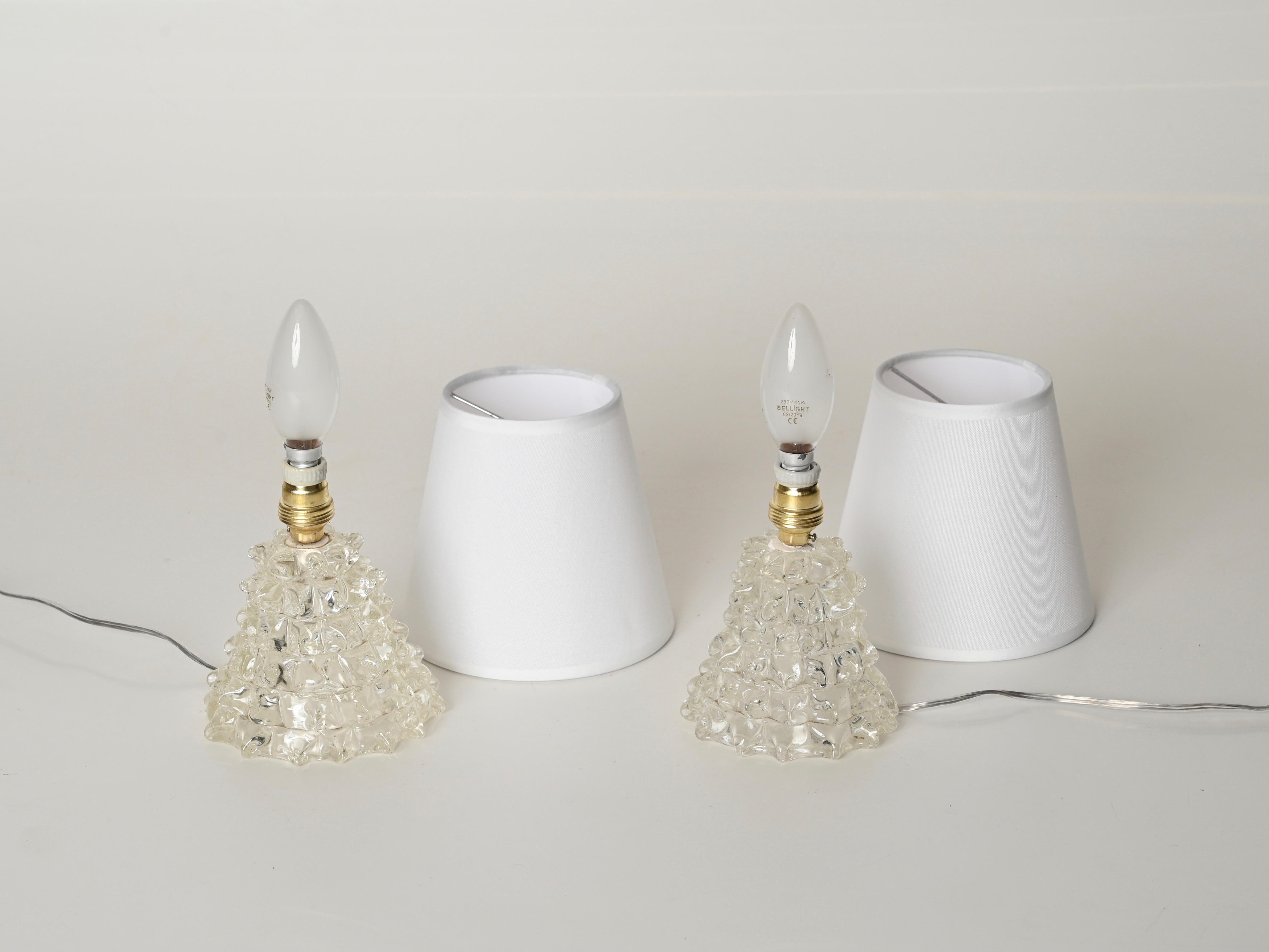 Pair of Barovier Murano Rostrato Glass and Brass Table Lamps, Italy 1940s For Sale 1