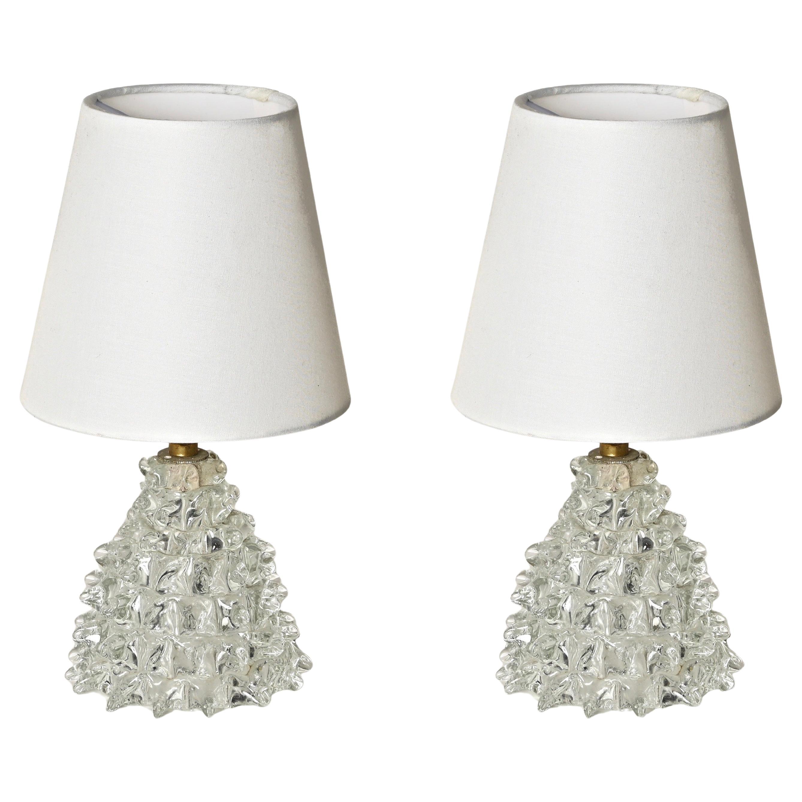 Pair of Barovier Murano Rostrato Glass and Brass Table Lamps, Italy 1940s