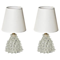 Pair of Barovier Murano Rostrato Glass and Brass Table Lamps, Italy 1940s