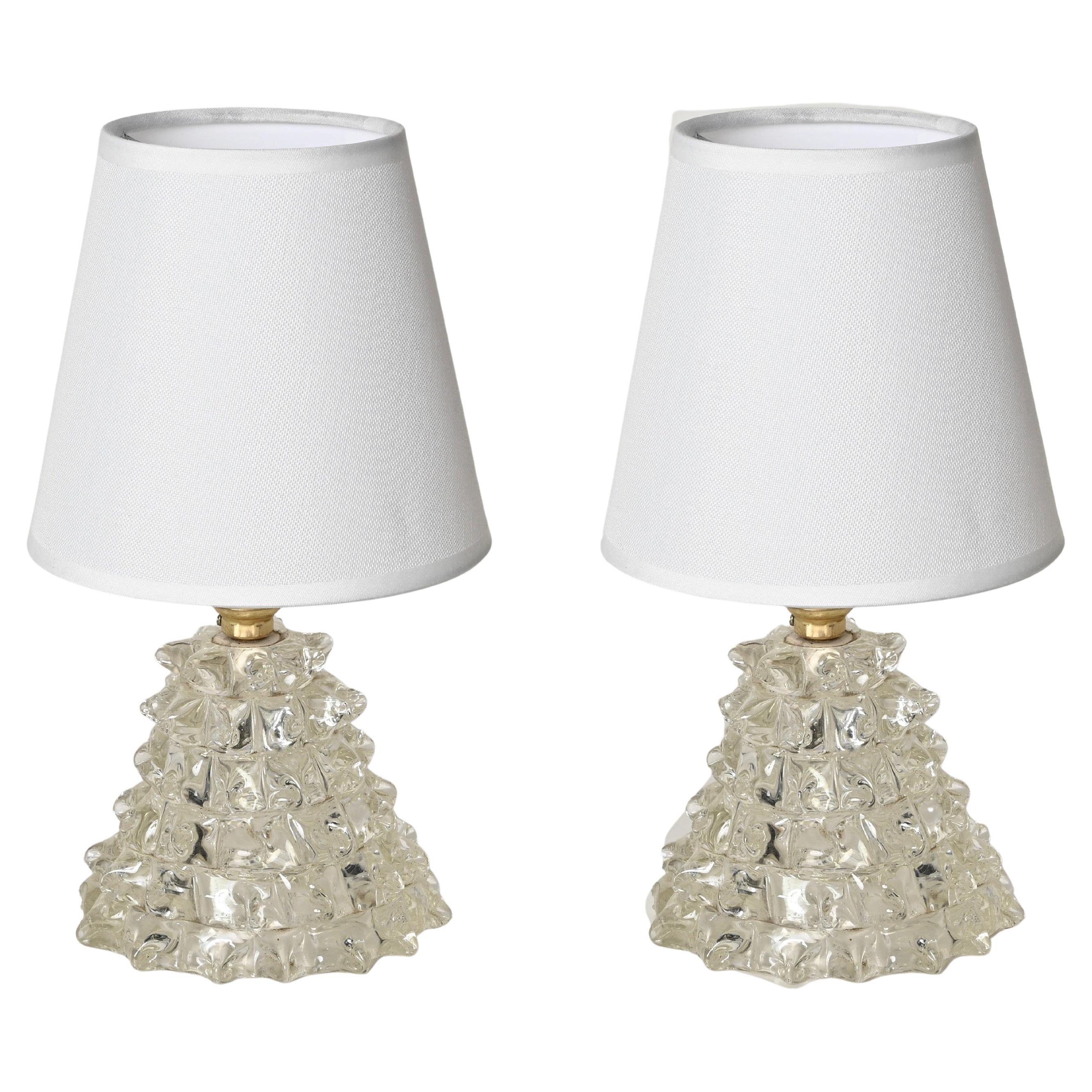 Pair of Barovier Murano Rostrato Glass and Brass Table Lamps, Italy 1940s For Sale