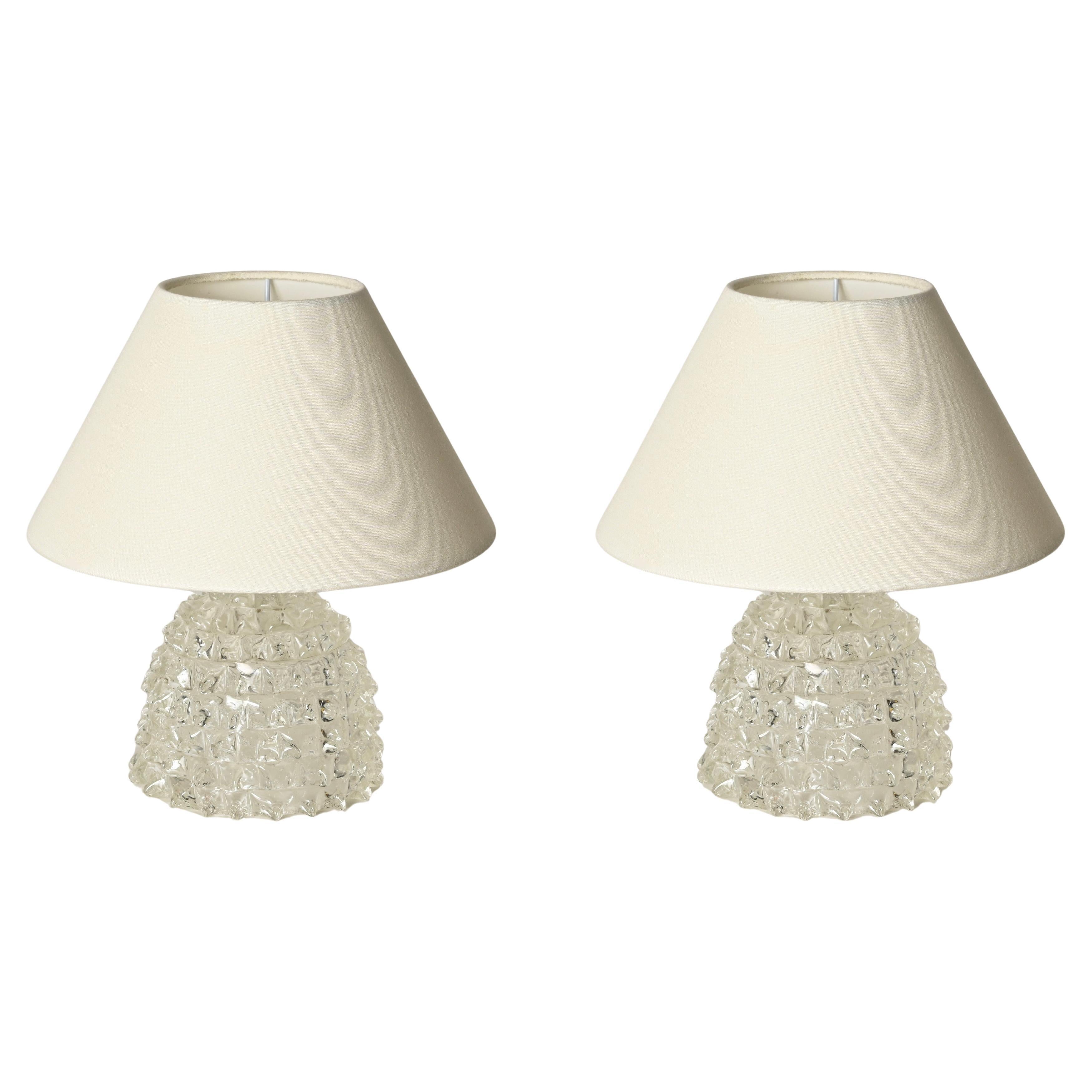 Pair of Barovier Murano Rostrato Glass and Brass Table Lamps, Italy 1940s