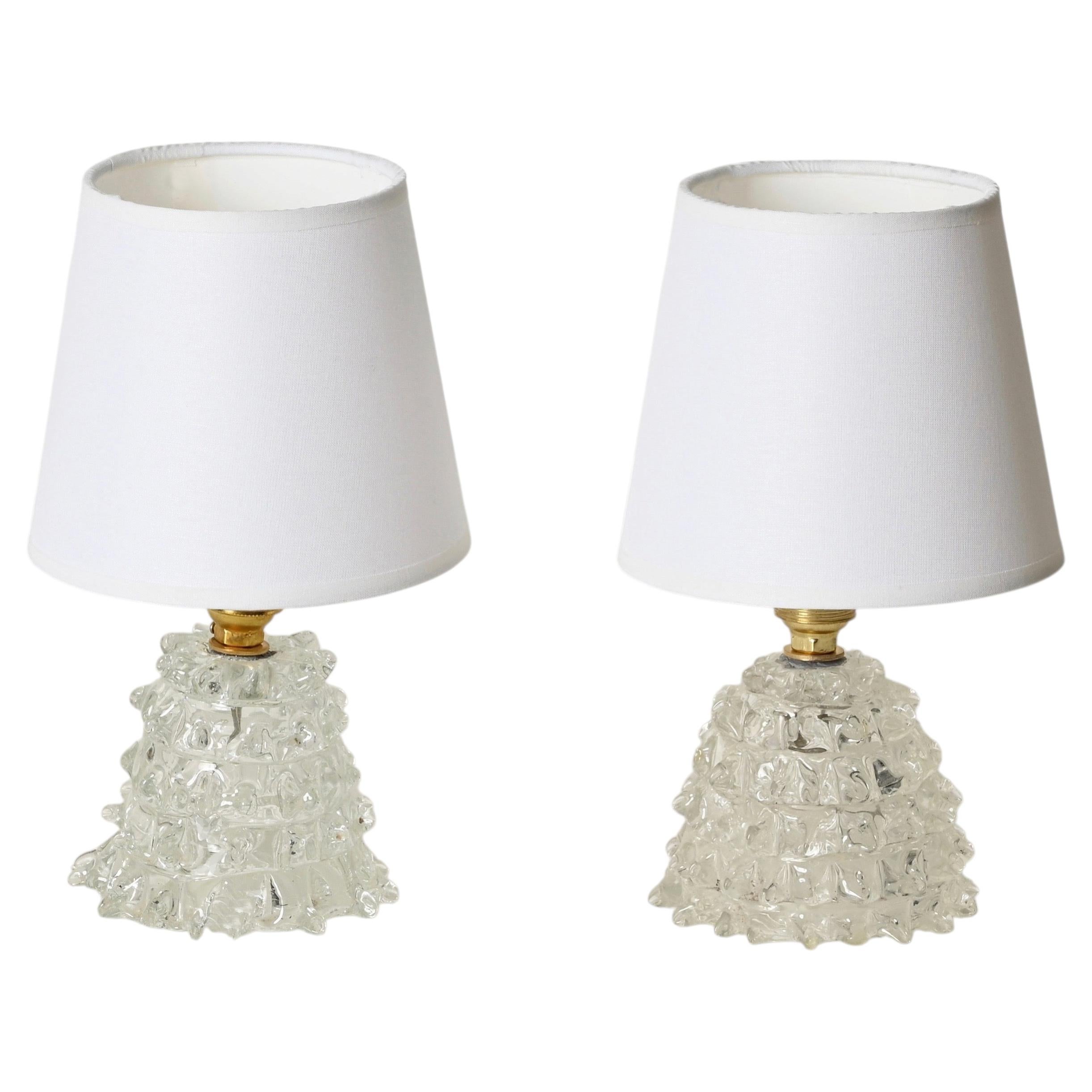 Pair of Barovier Murano Rostrato Glass and Brass Table Lamps, Italy 1940s For Sale