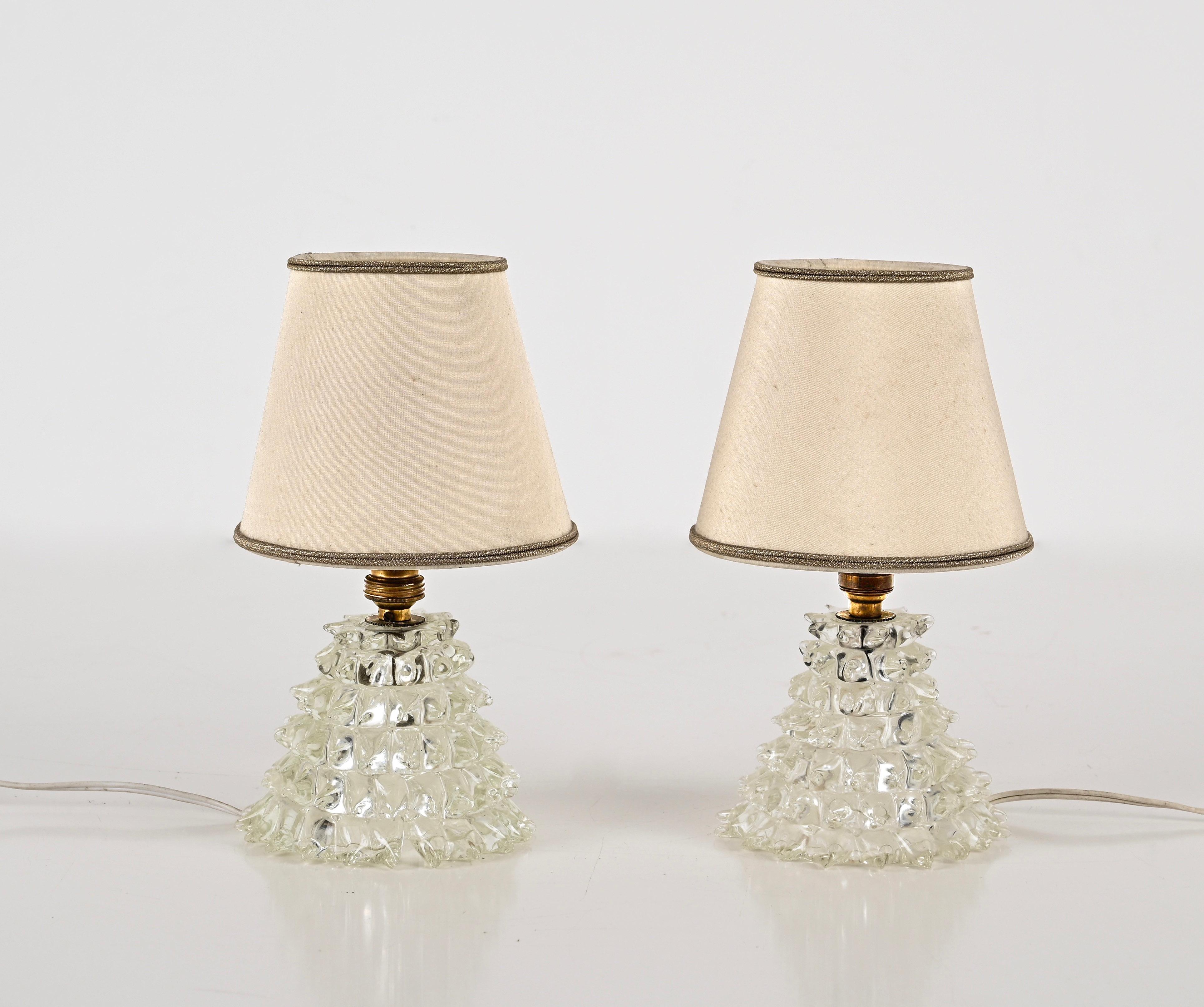 Italian Pair of Barovier Murano Rostrato Glass and Brass Table Lamps, Italy 1950s For Sale