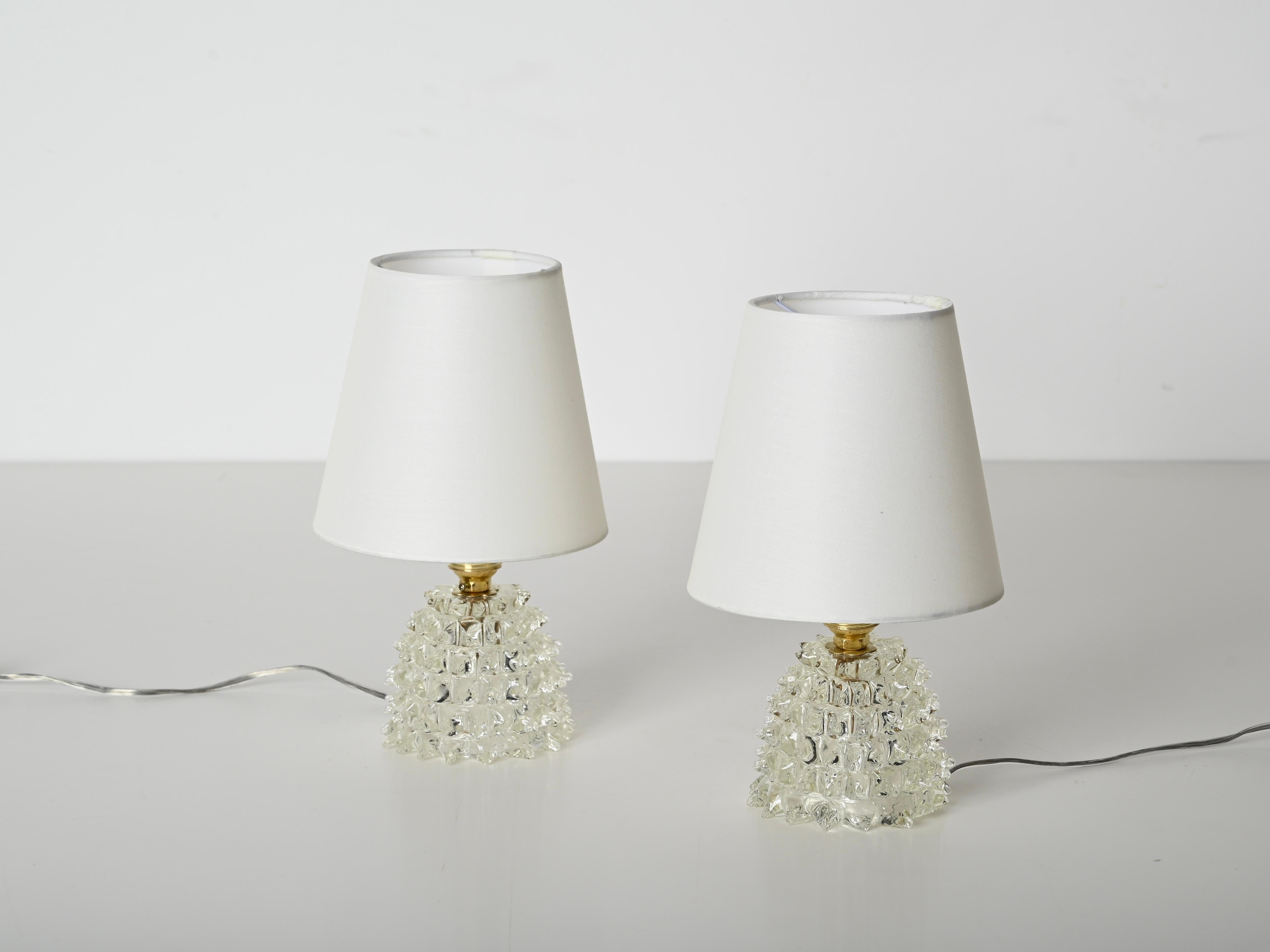 Paar Barovier Murano Rostrato-Tischlampen aus Glas und Messing, Italien 1950er Jahre (Handgefertigt)