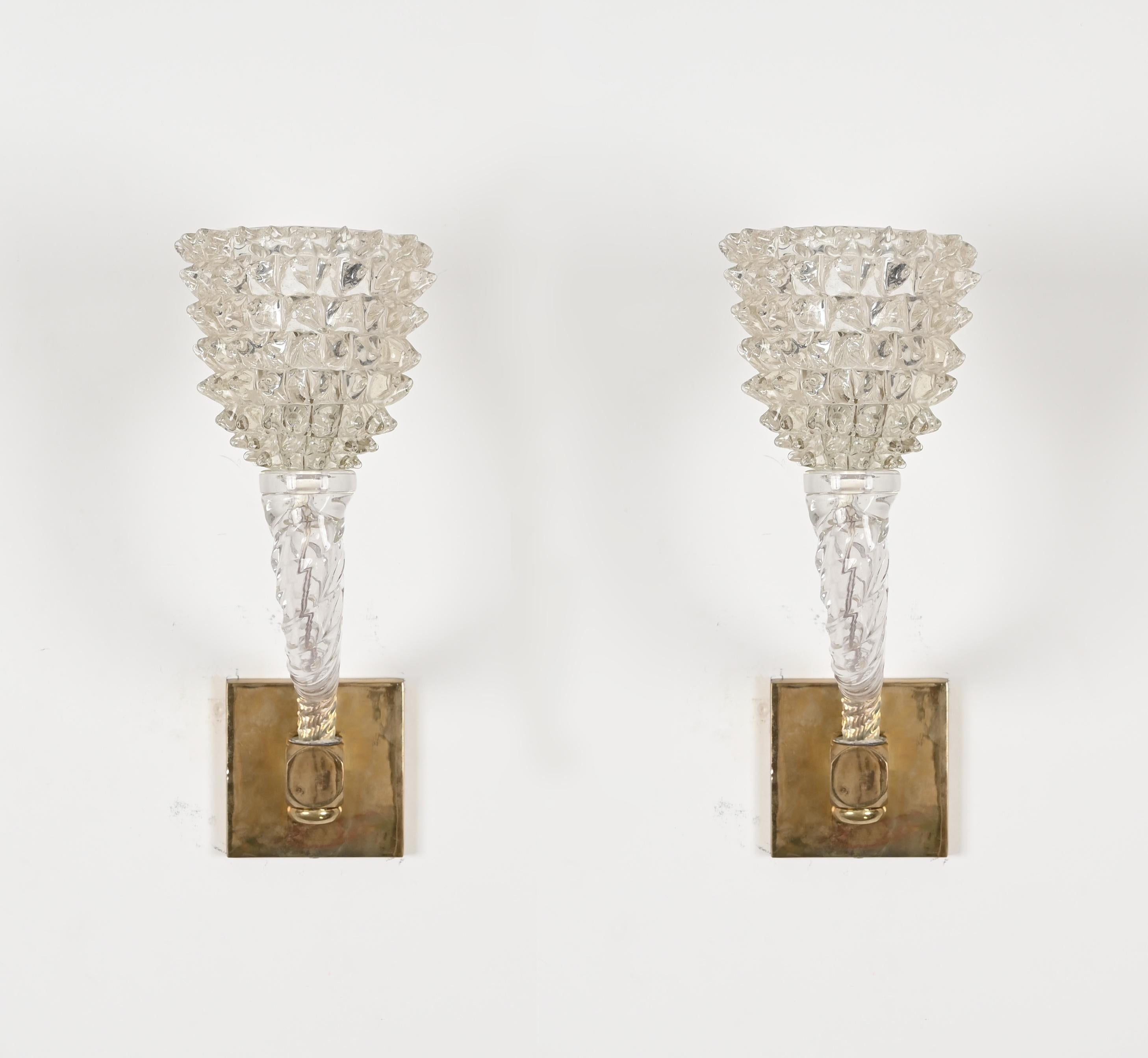 Pair of Barovier Murano Rostrato Twisted Glass and Brass Sconces, Italy 1950s For Sale 6
