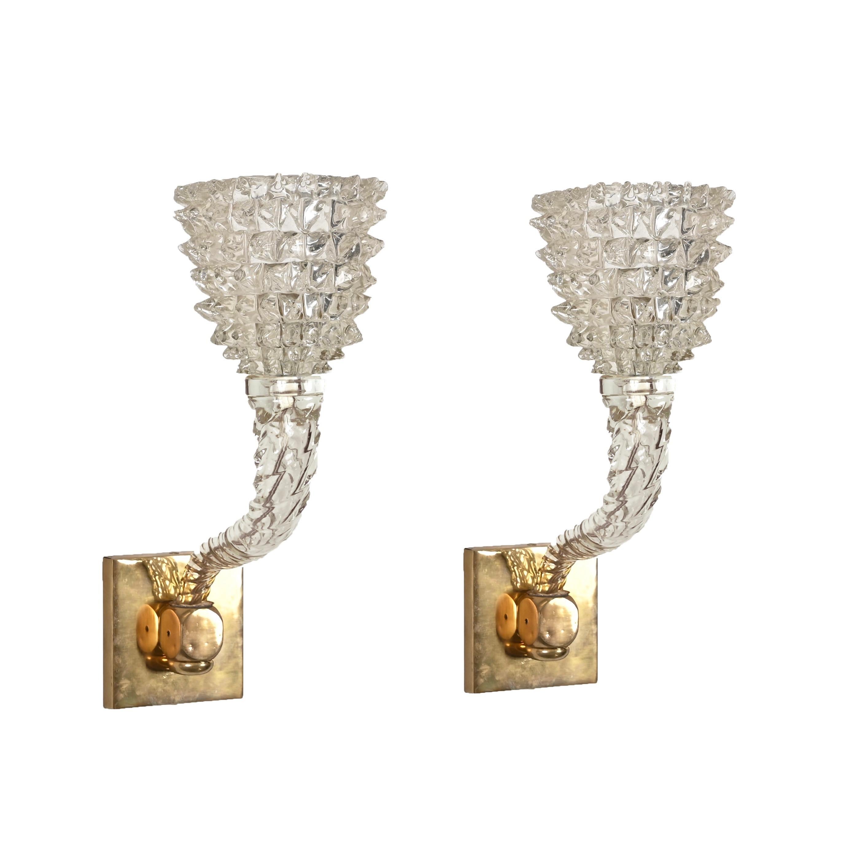 Pair of Barovier Murano Rostrato Twisted Glass and Brass Sconces, Italy 1950s For Sale 1