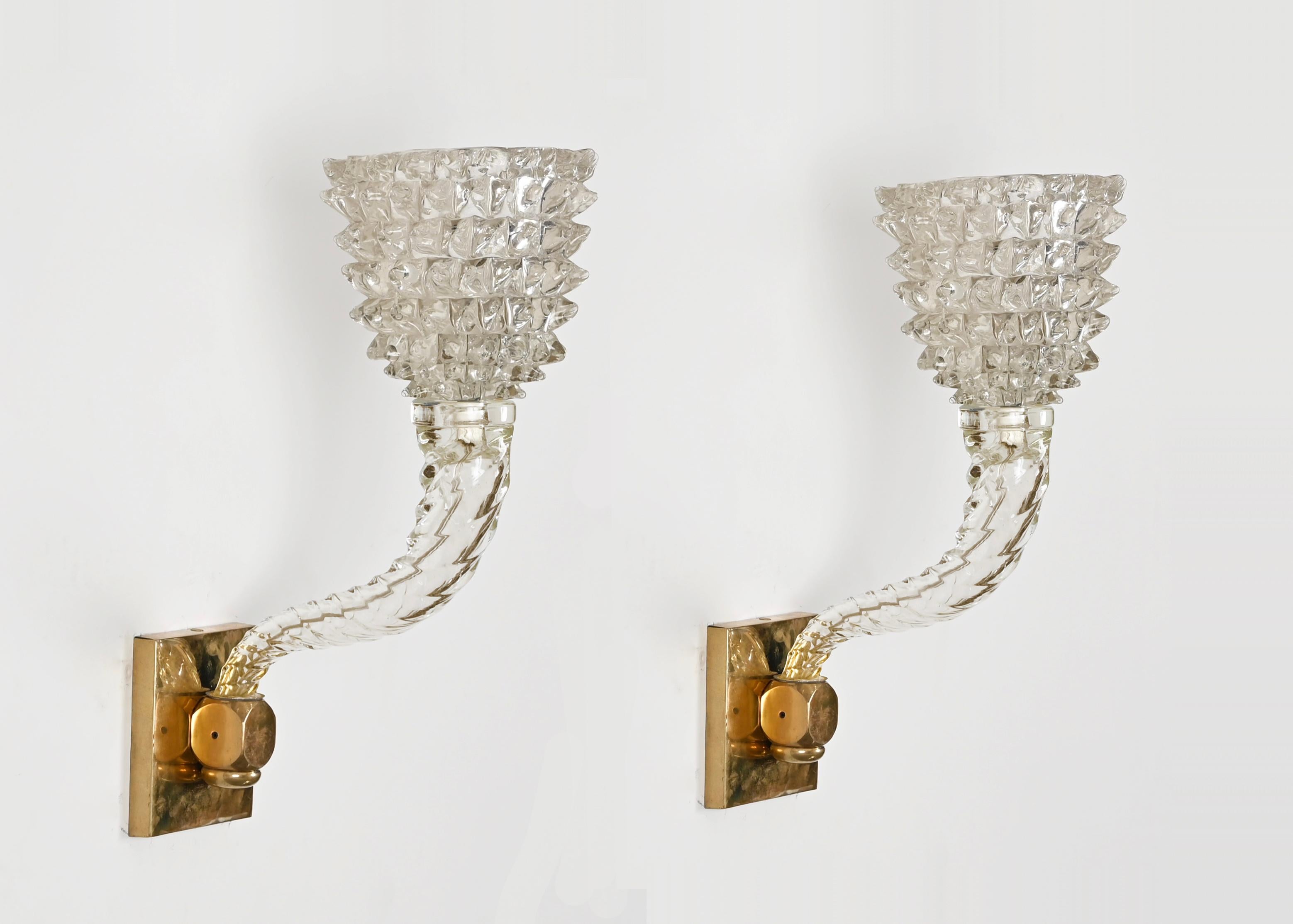 Pair of Barovier Murano Rostrato Twisted Glass and Brass Sconces, Italy 1950s For Sale 2