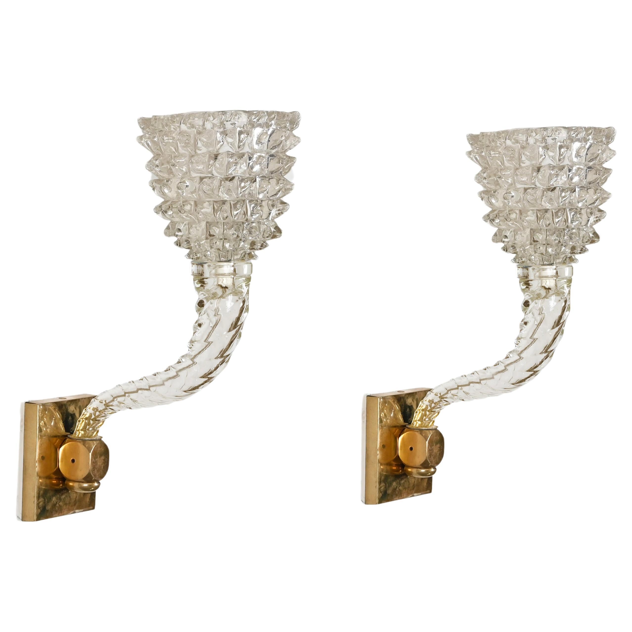 Pair of Barovier Murano Rostrato Twisted Glass and Brass Sconces, Italy 1950s For Sale