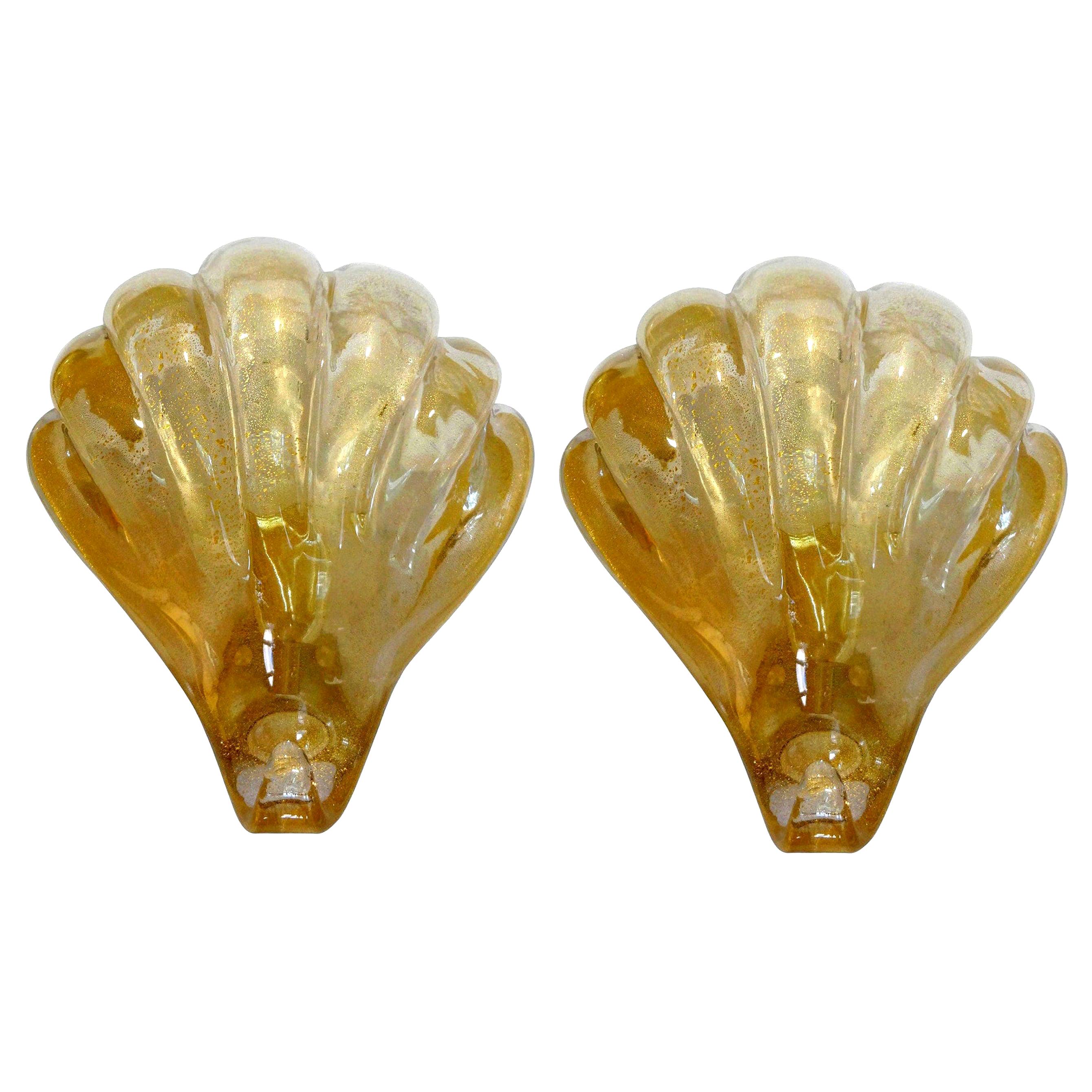 Pair of Barovier Style Gold Murano Glass Shell Sconces