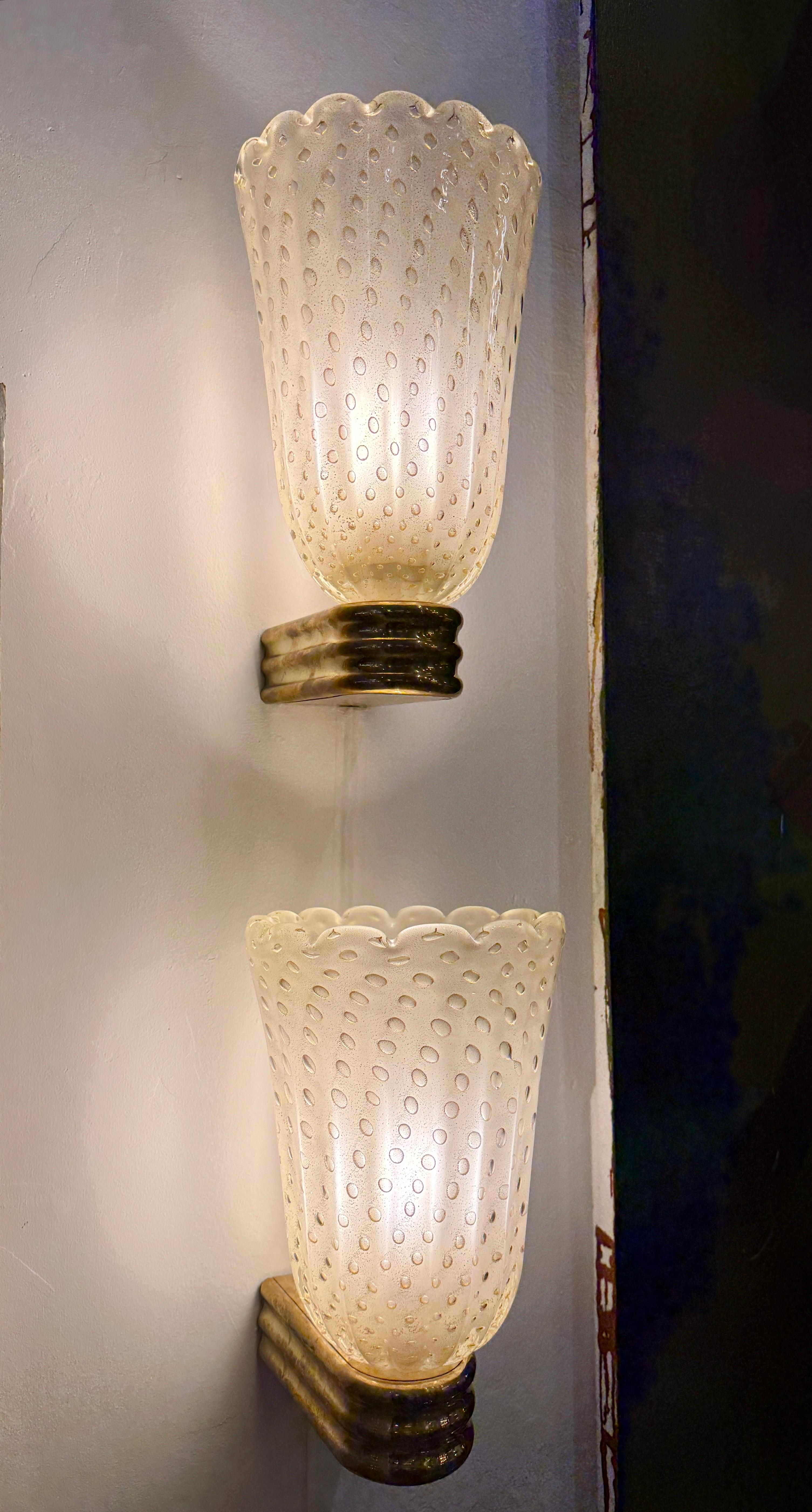 Paar Barovier Stil Murano Pulegoso Gold Glas & Messing Wandleuchter 3