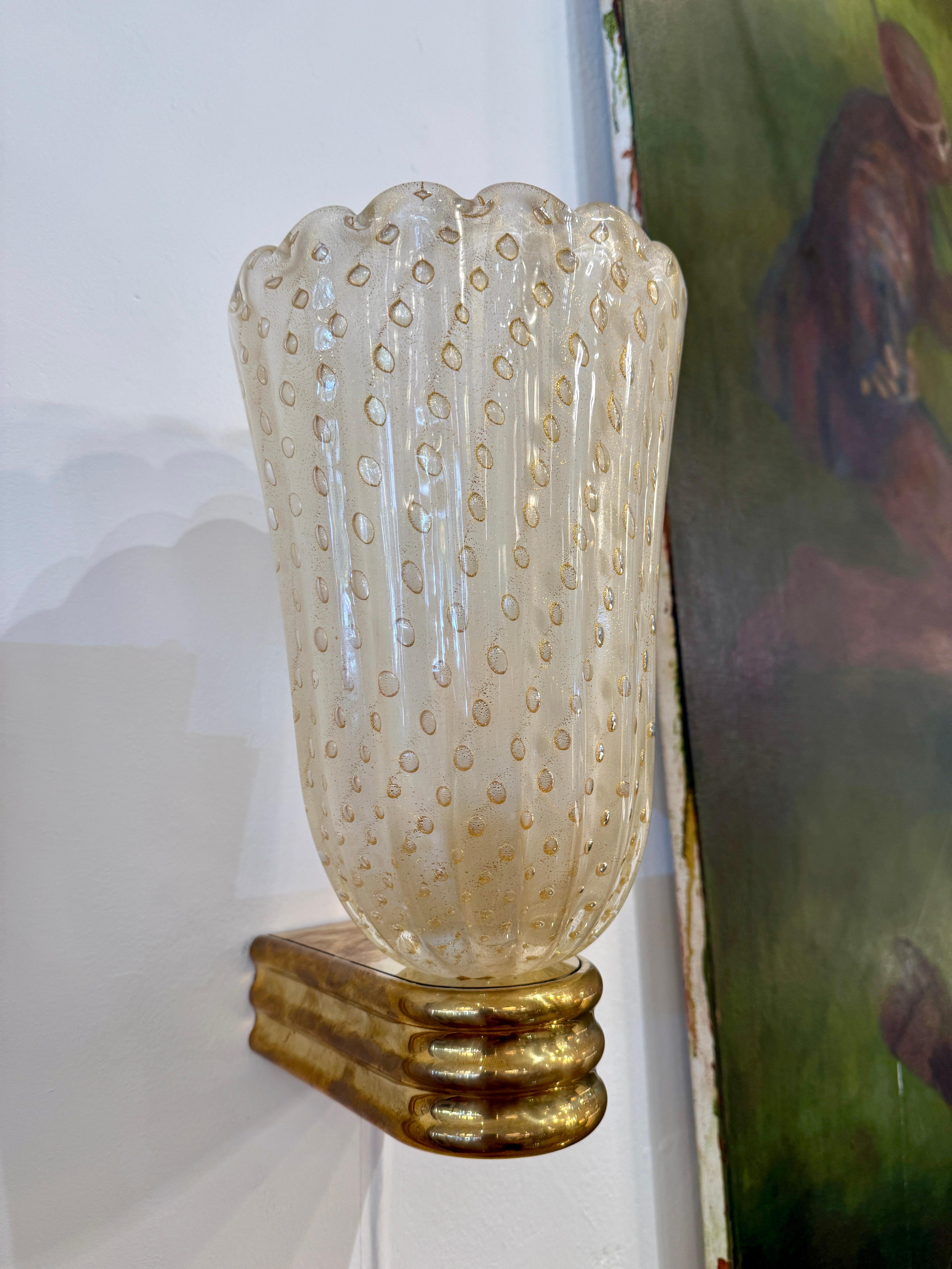 Paar Barovier Stil Murano Pulegoso Gold Glas & Messing Wandleuchter 4