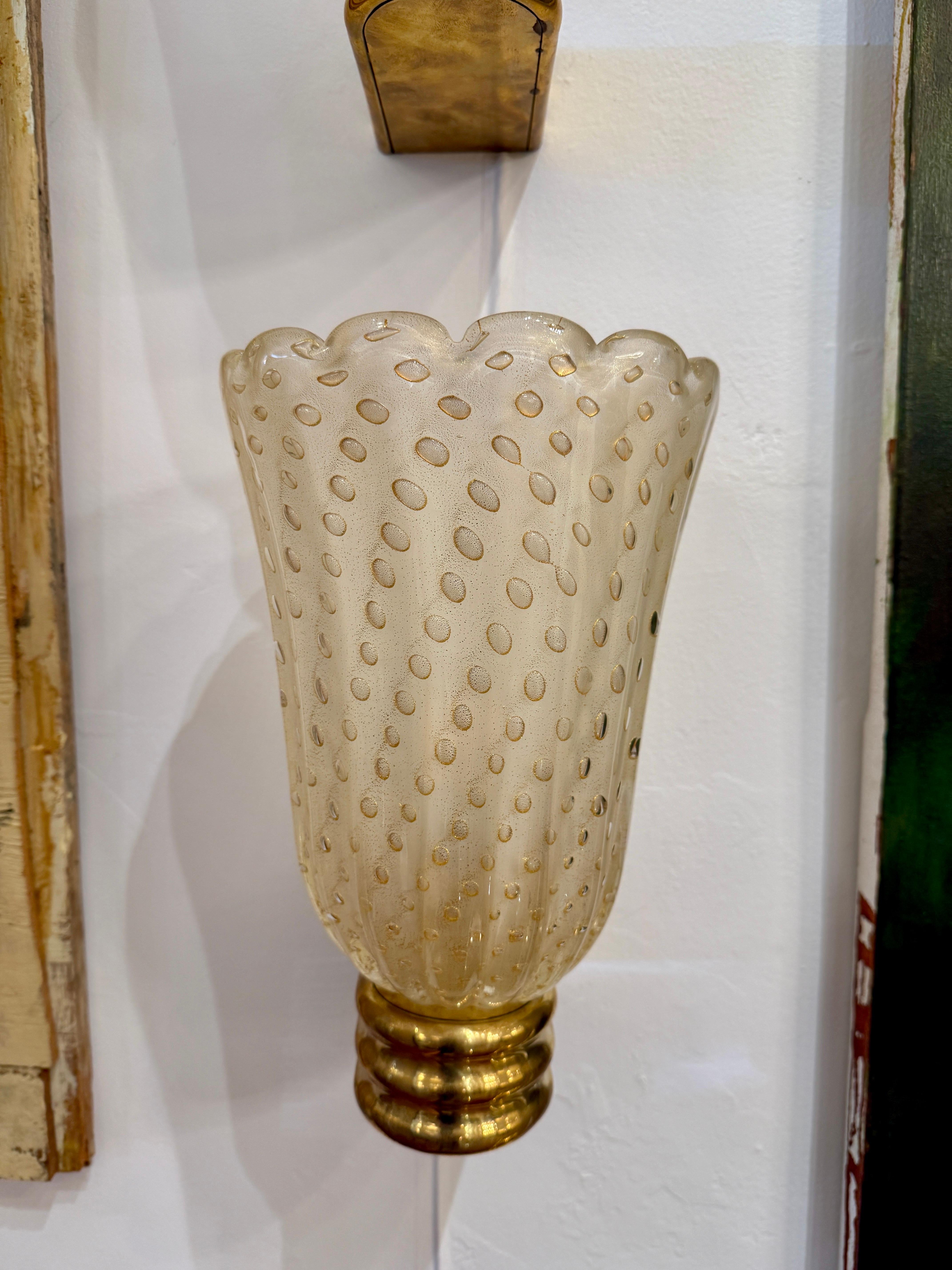 Paar Barovier Stil Murano Pulegoso Gold Glas & Messing Wandleuchter 5