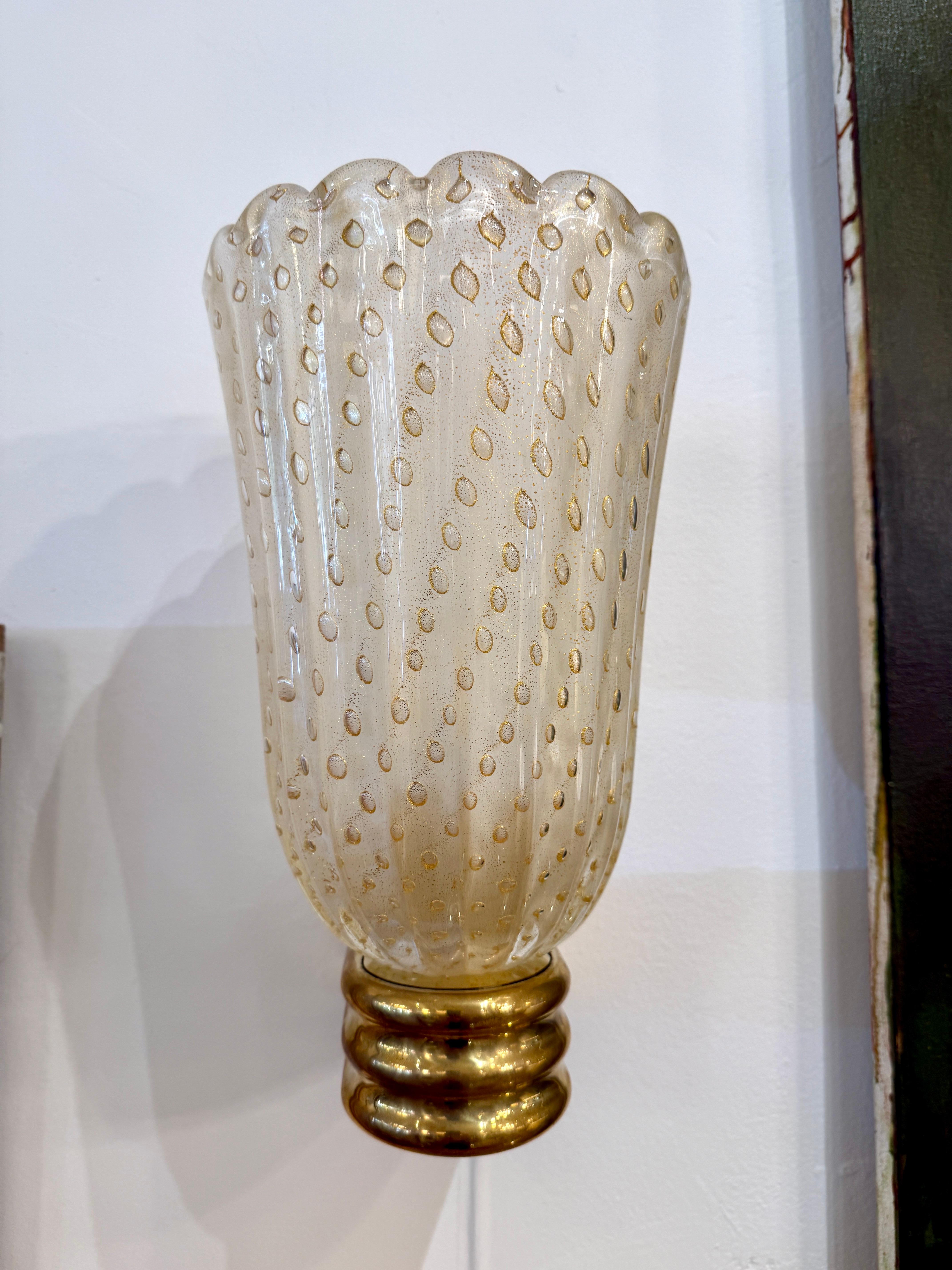 Paar Barovier Stil Murano Pulegoso Gold Glas & Messing Wandleuchter 1