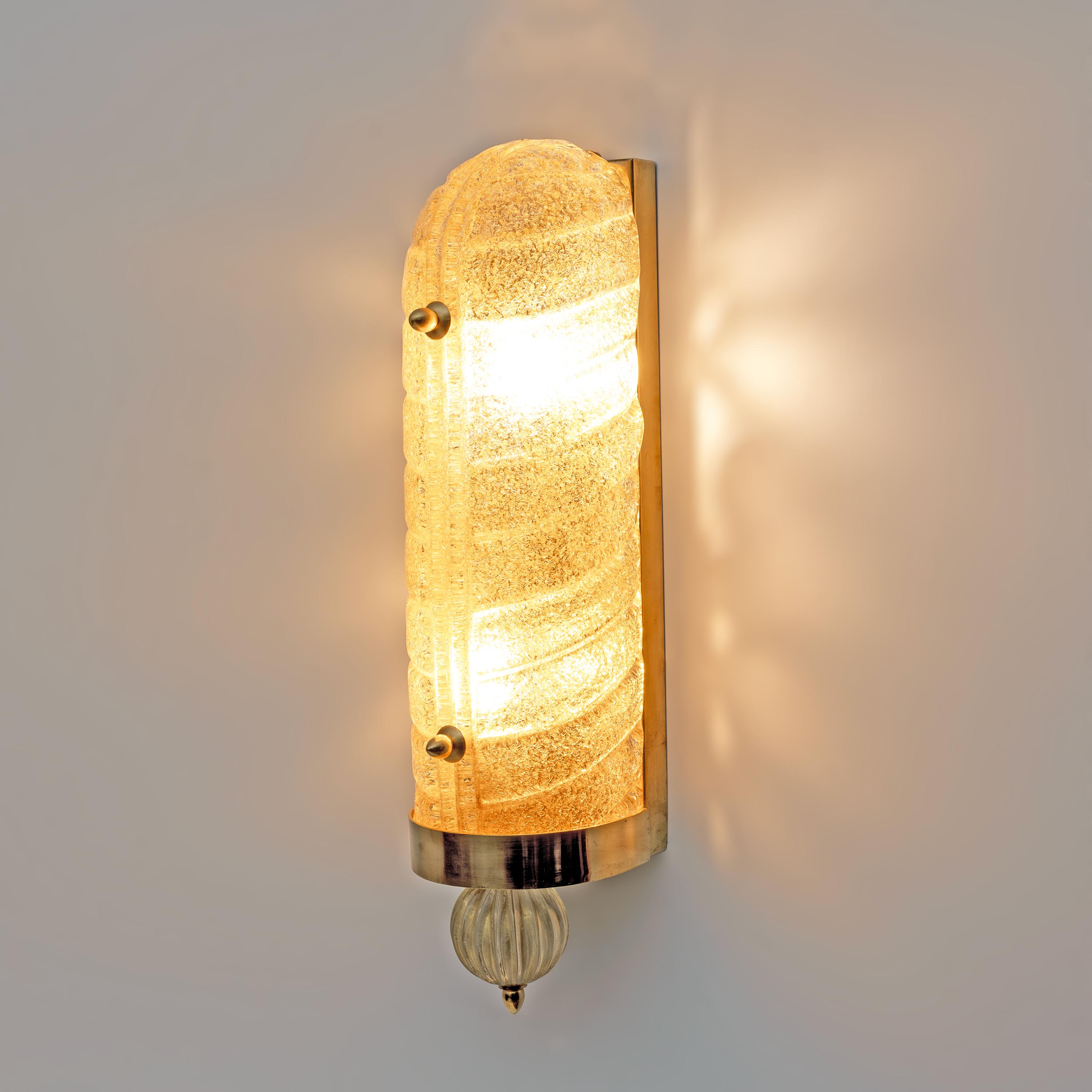 Italian Pair of Barovier & Toso Art Deco Style Brass and Murano Glass Sconces For Sale