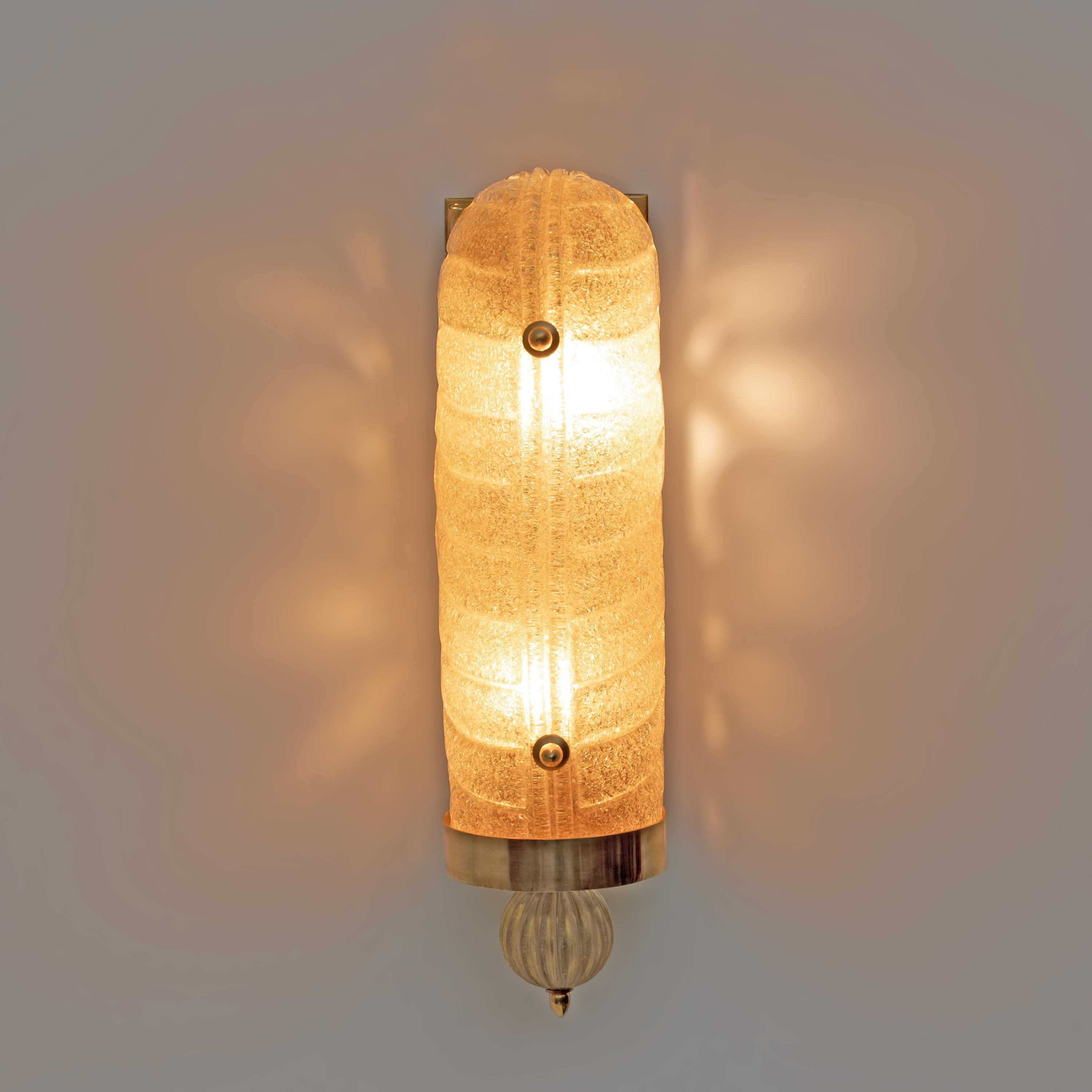 Late 20th Century Pair of Barovier & Toso Art Deco Style Brass and Murano Glass Sconces For Sale