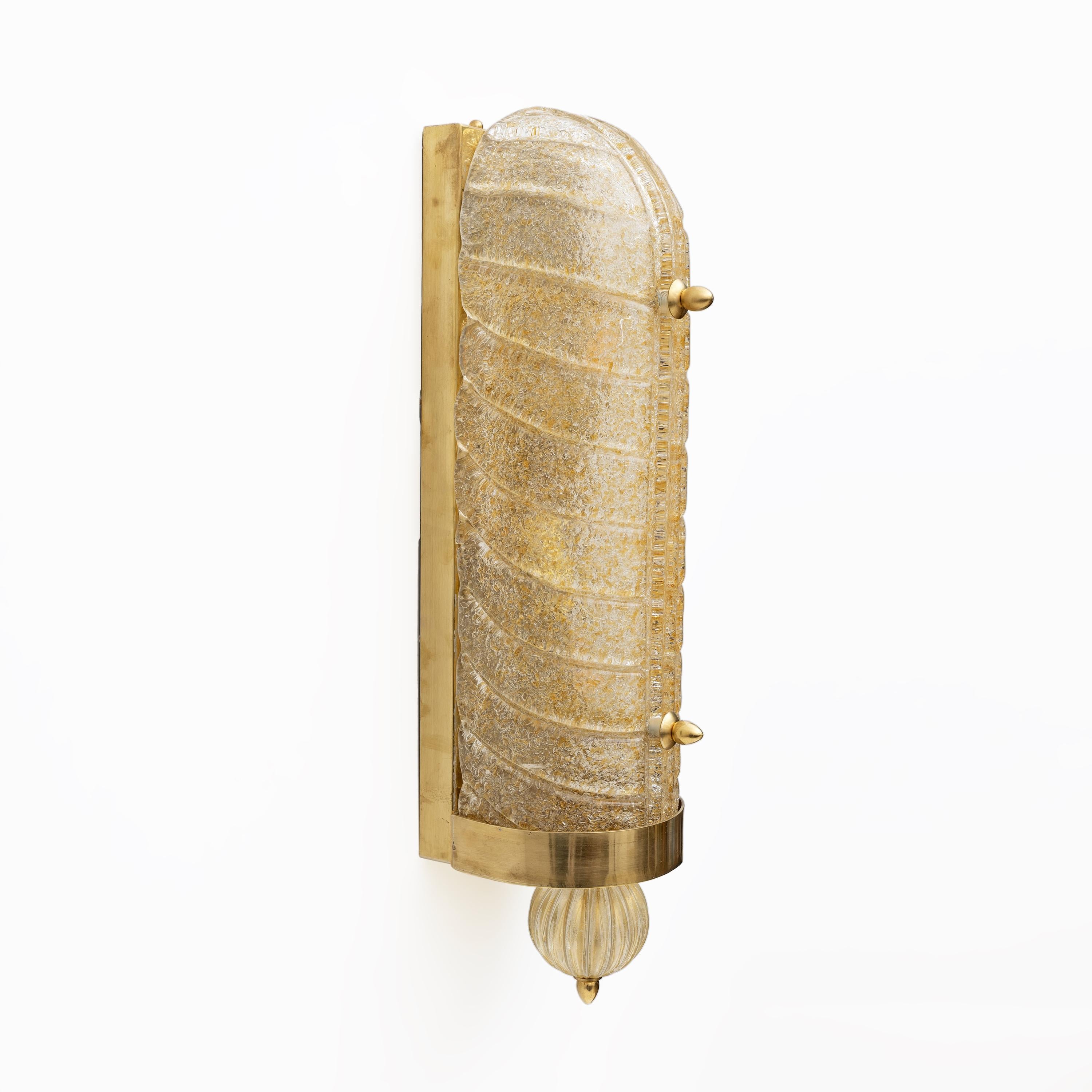Pair of Barovier & Toso Art Deco Style Brass and Murano Glass Sconces For Sale 2