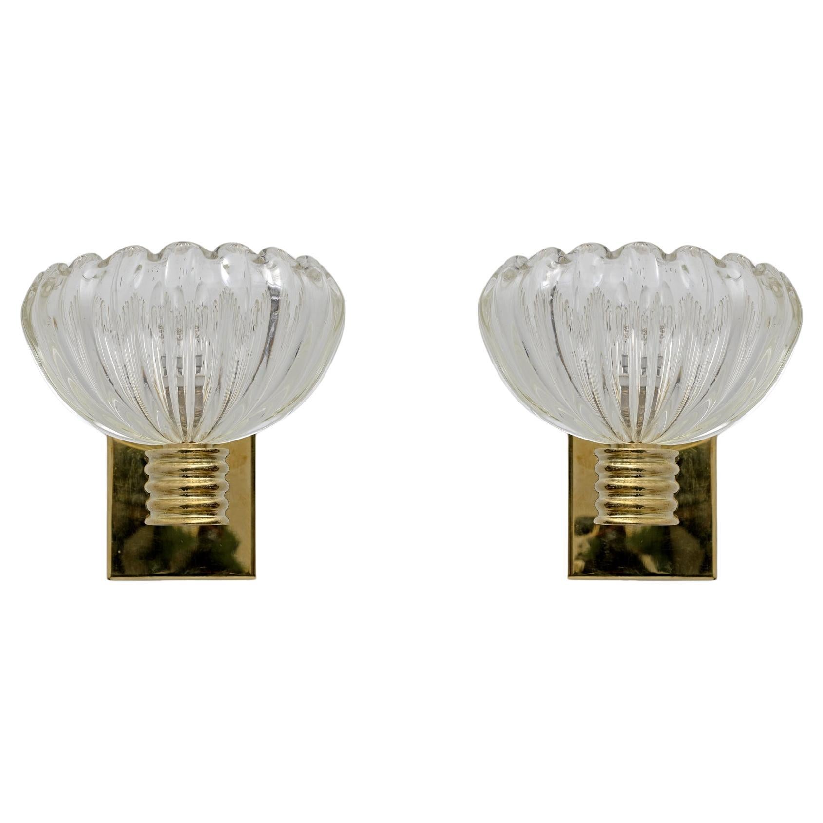 Pair of Barovier & Toso Art Dèco Style Brass and Murano Glass Sconces For Sale