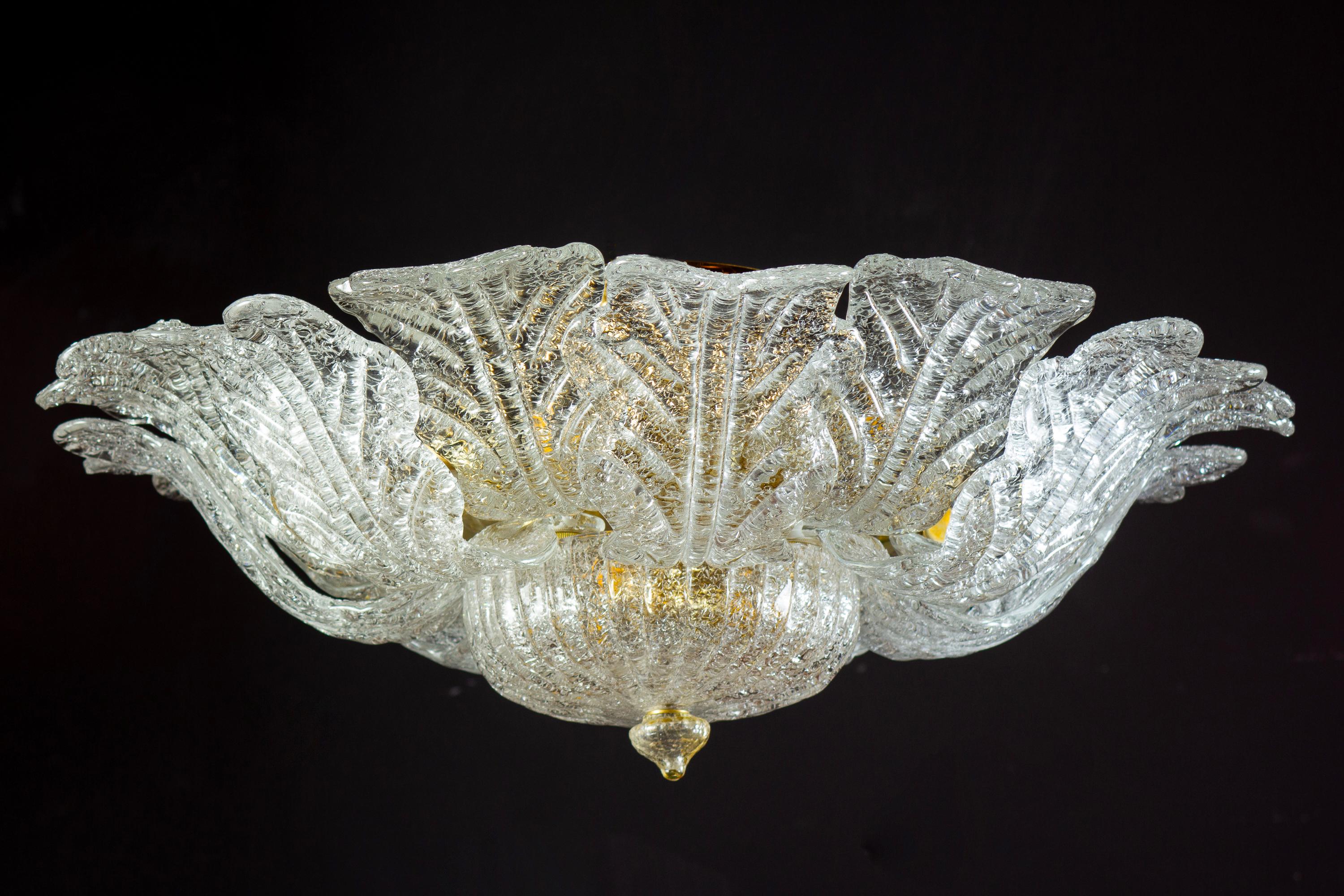 Pair of Barovier & Toso Brass Frame Murano Glass Ceiling Light or Flush Mount In Excellent Condition In Rome, IT