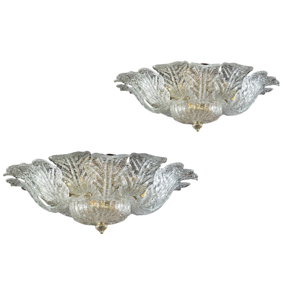 Pair of Barovier & Toso Brass Frame Murano Glass Ceiling Light or Flush Mount