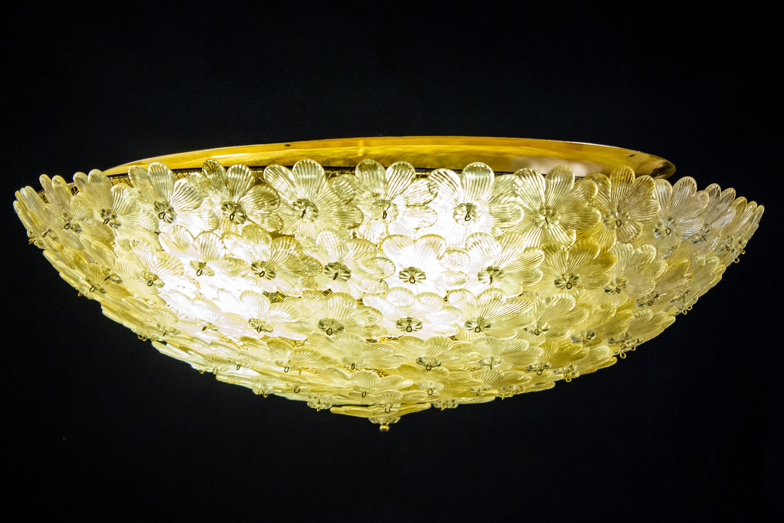 Pair of Barovier & Toso Ceiling Light Murano Glass Gold and Ice Flowers Basket 7