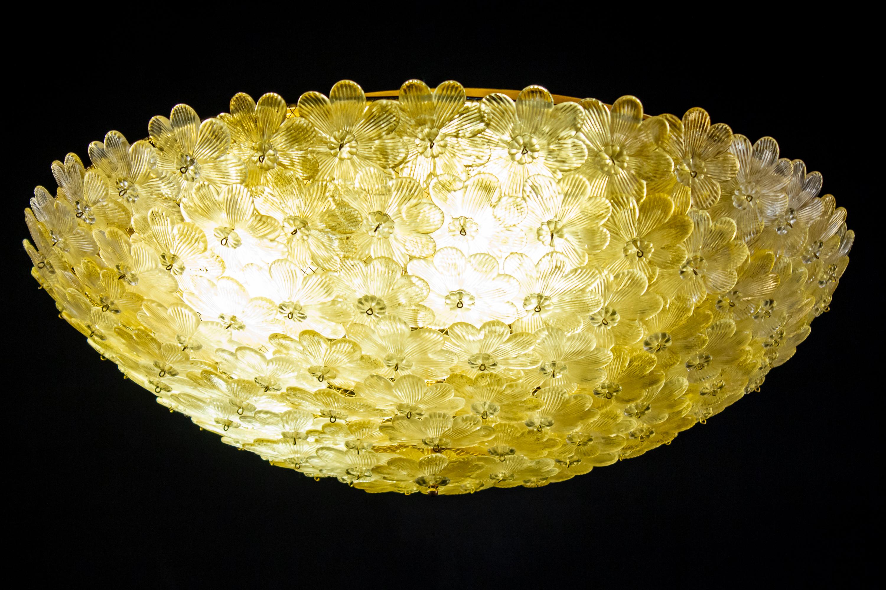Pair of Barovier & Toso Ceiling Light Murano Glass Gold and Ice Flowers Basket 8