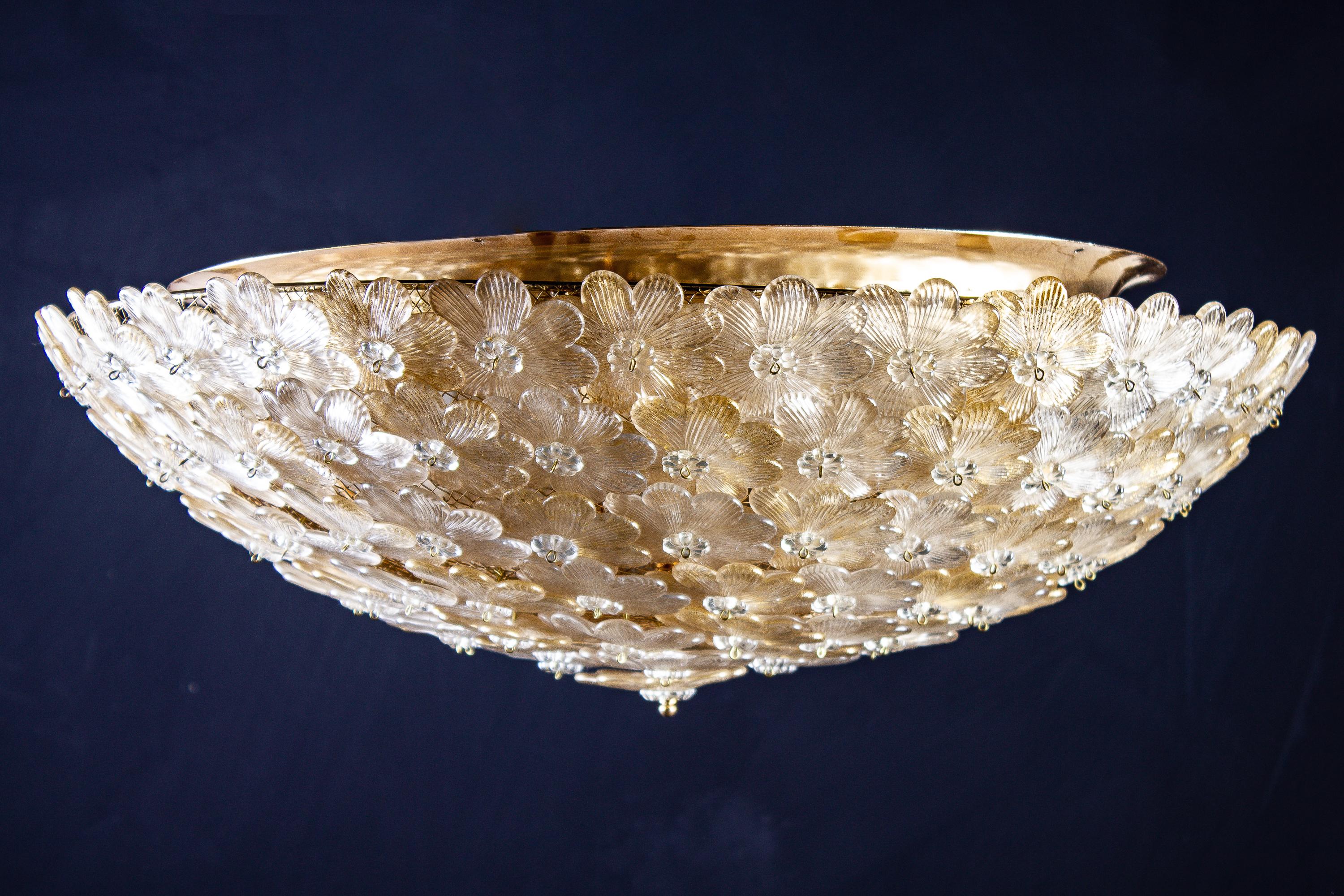 Mid-Century Modern Pair of Barovier & Toso Ceiling Light Murano Glass Gold and Ice Flowers Basket
