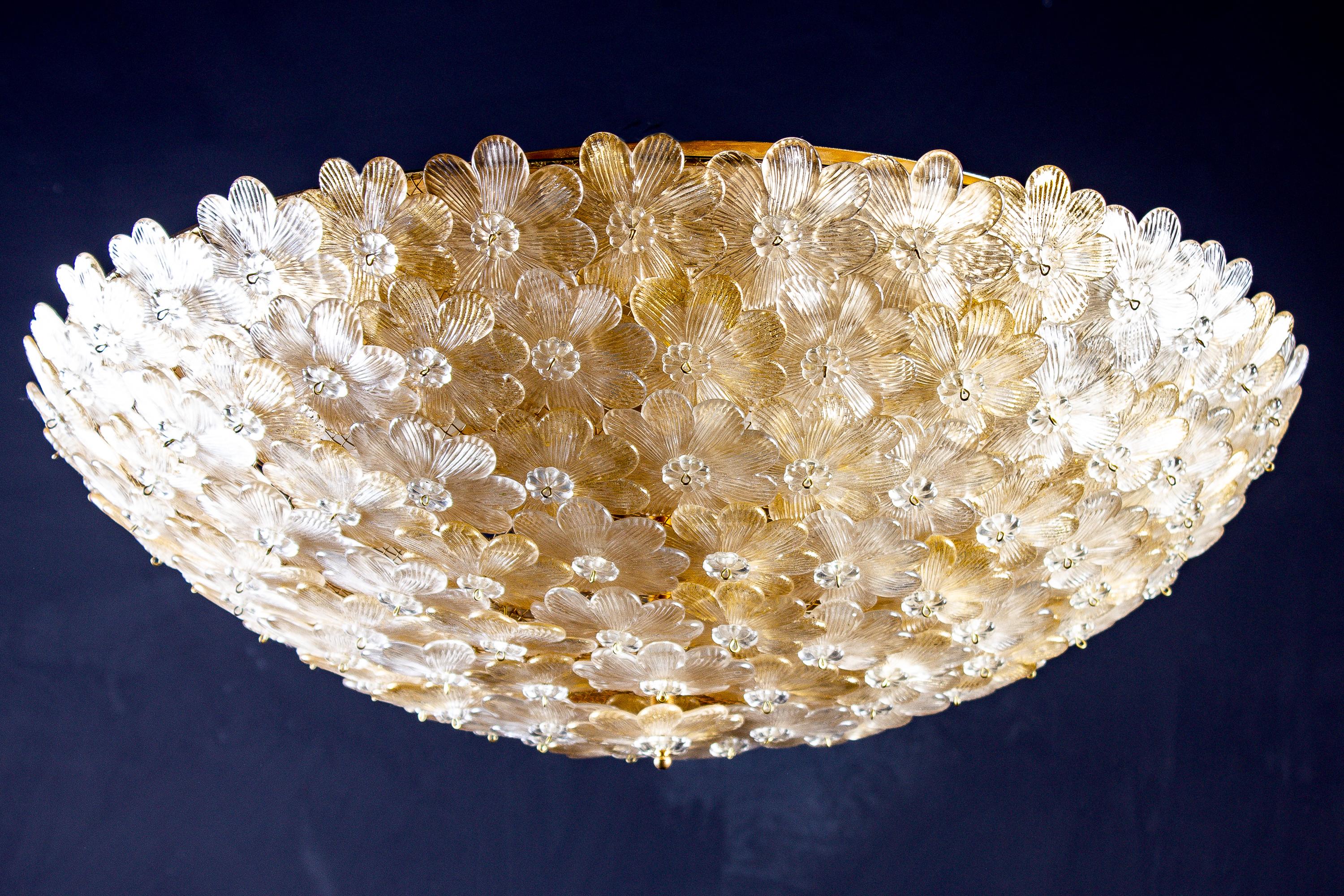 Italian Pair of Barovier & Toso Ceiling Light Murano Glass Gold and Ice Flowers Basket