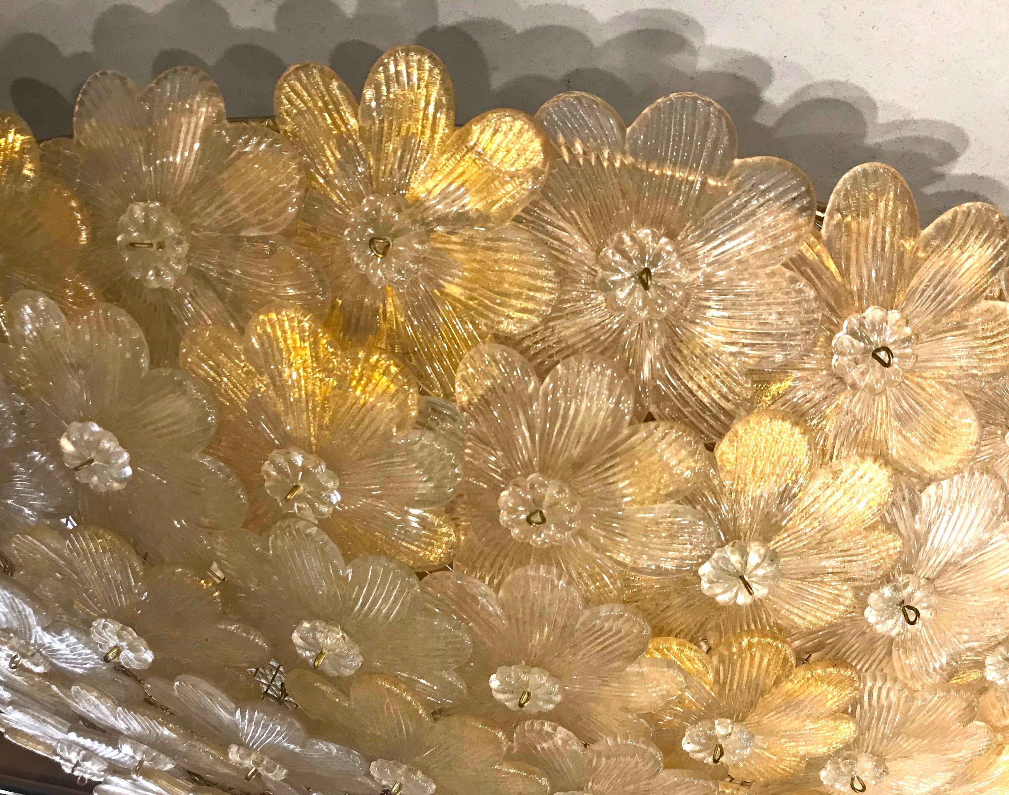 Mid-20th Century Pair of Barovier & Toso Ceiling Light Murano Glass Gold and Ice Flowers Basket