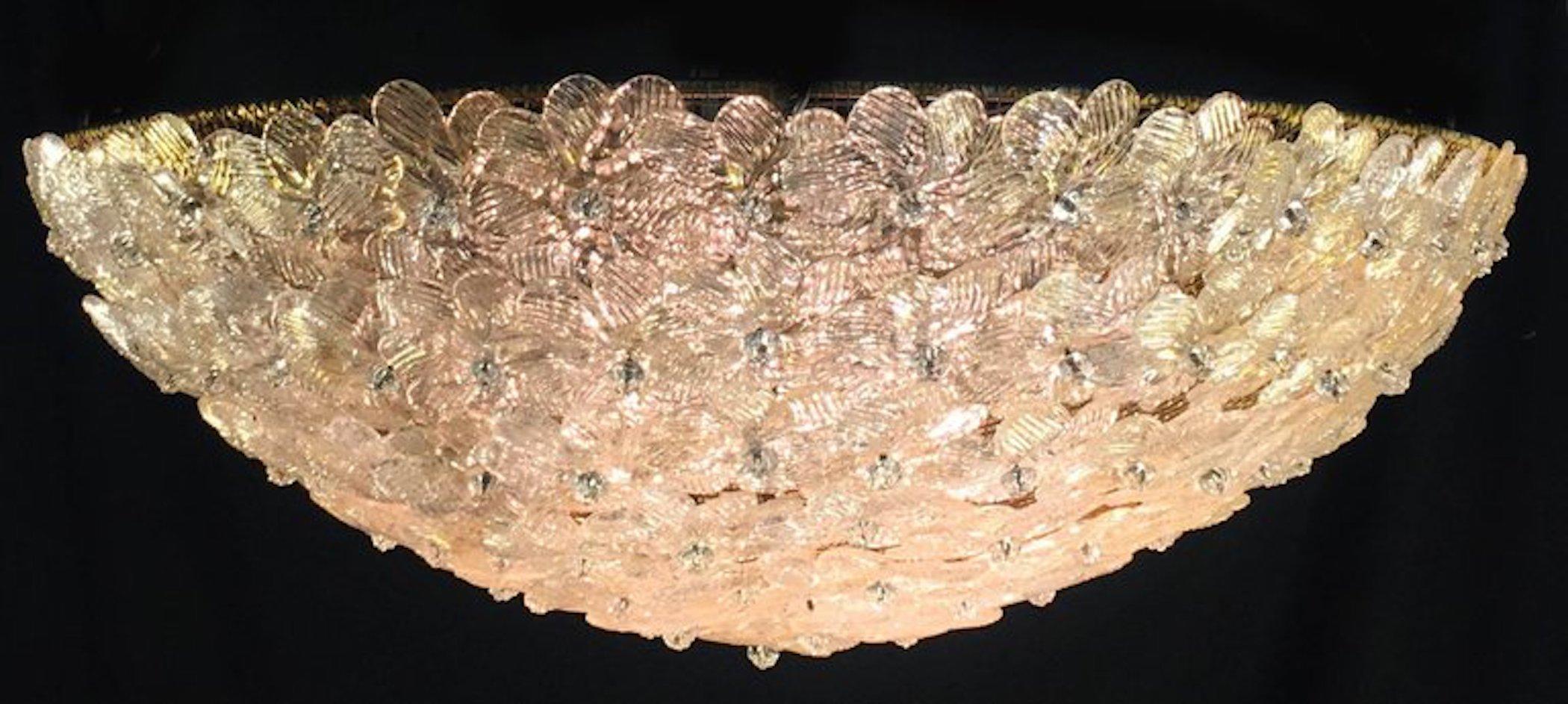 Blown Glass Pair of Barovier & Toso Ceiling Light Murano Glass Gold and Ice Flowers Basket