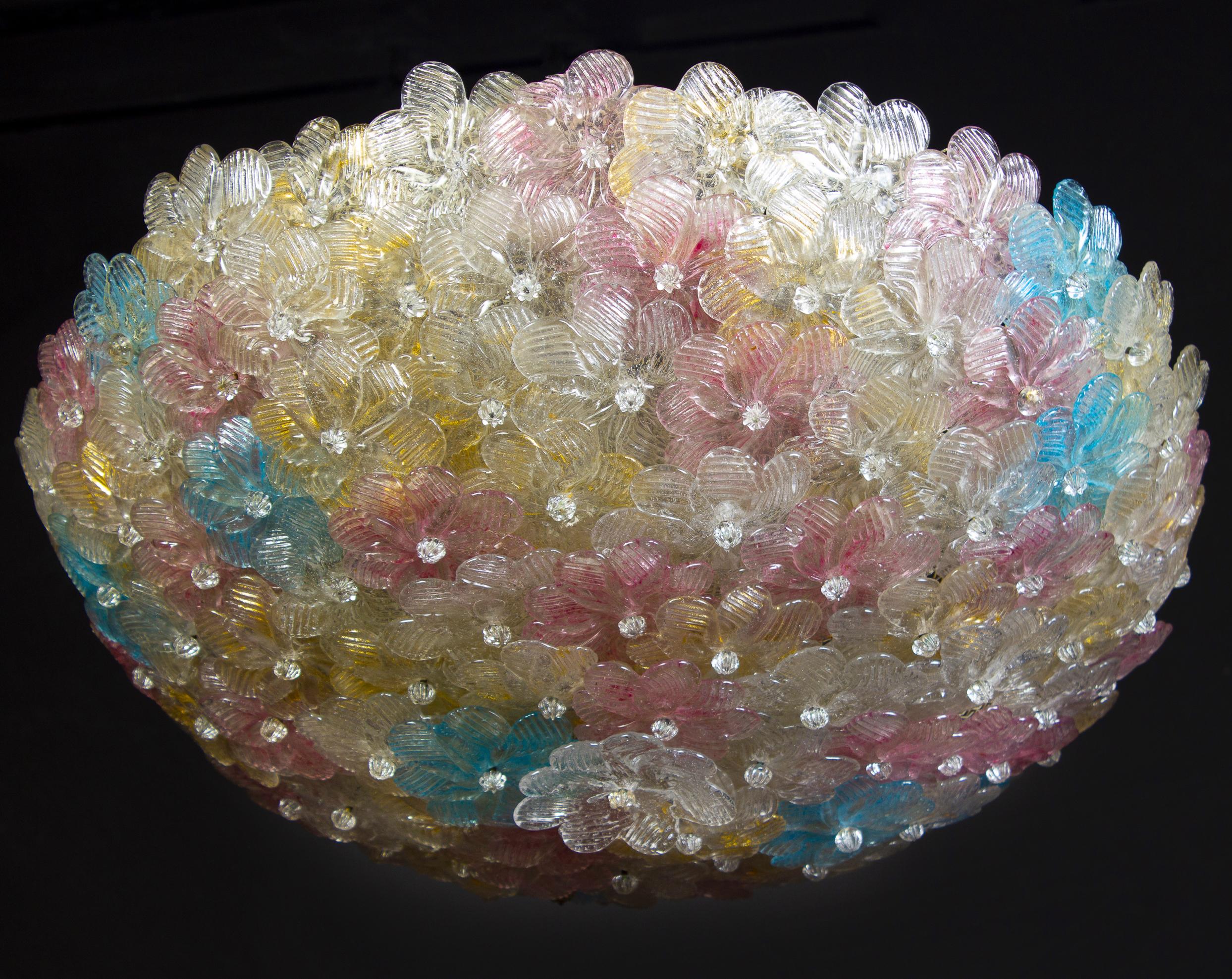 Mid-Century Modern Pair of Delicious Murano Glass Multicolor Flowers Basket Ceiling Lights, 1960' For Sale