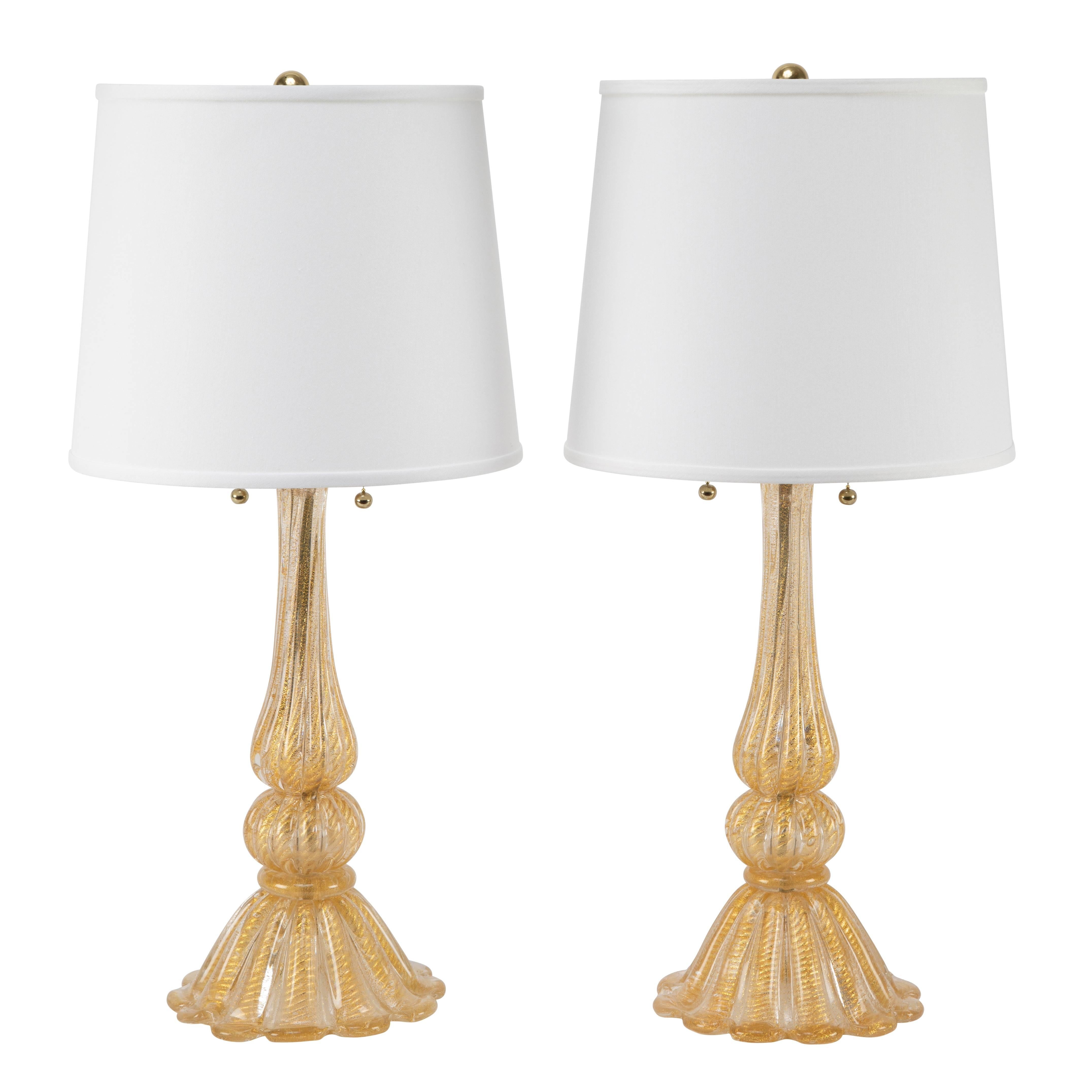 Pair of "Cordonato d'Oro" Murano Table Lamps, circa 1950s For Sale