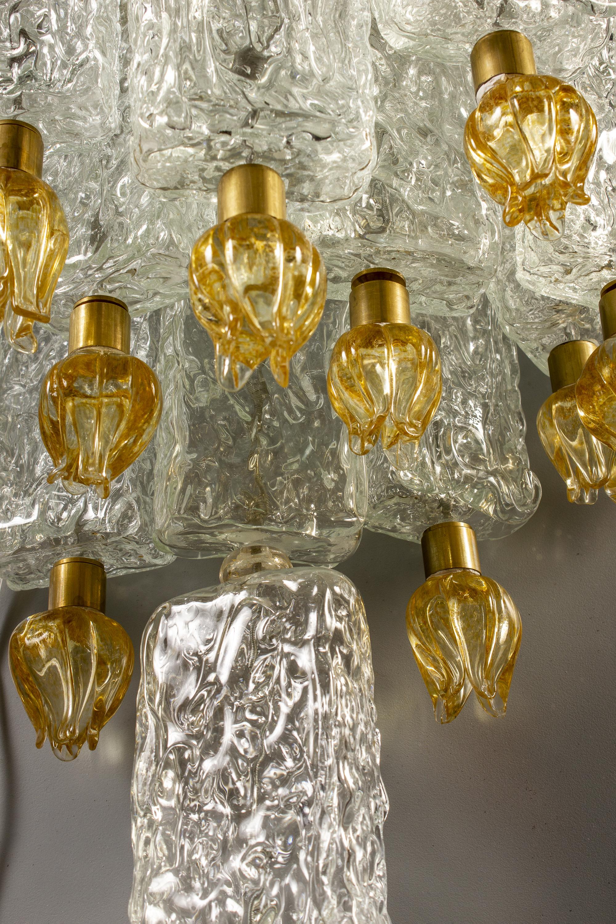 Pair of Barovier & Toso Glass Blocks with Gold Tulip Sconces, 1940 For Sale 3