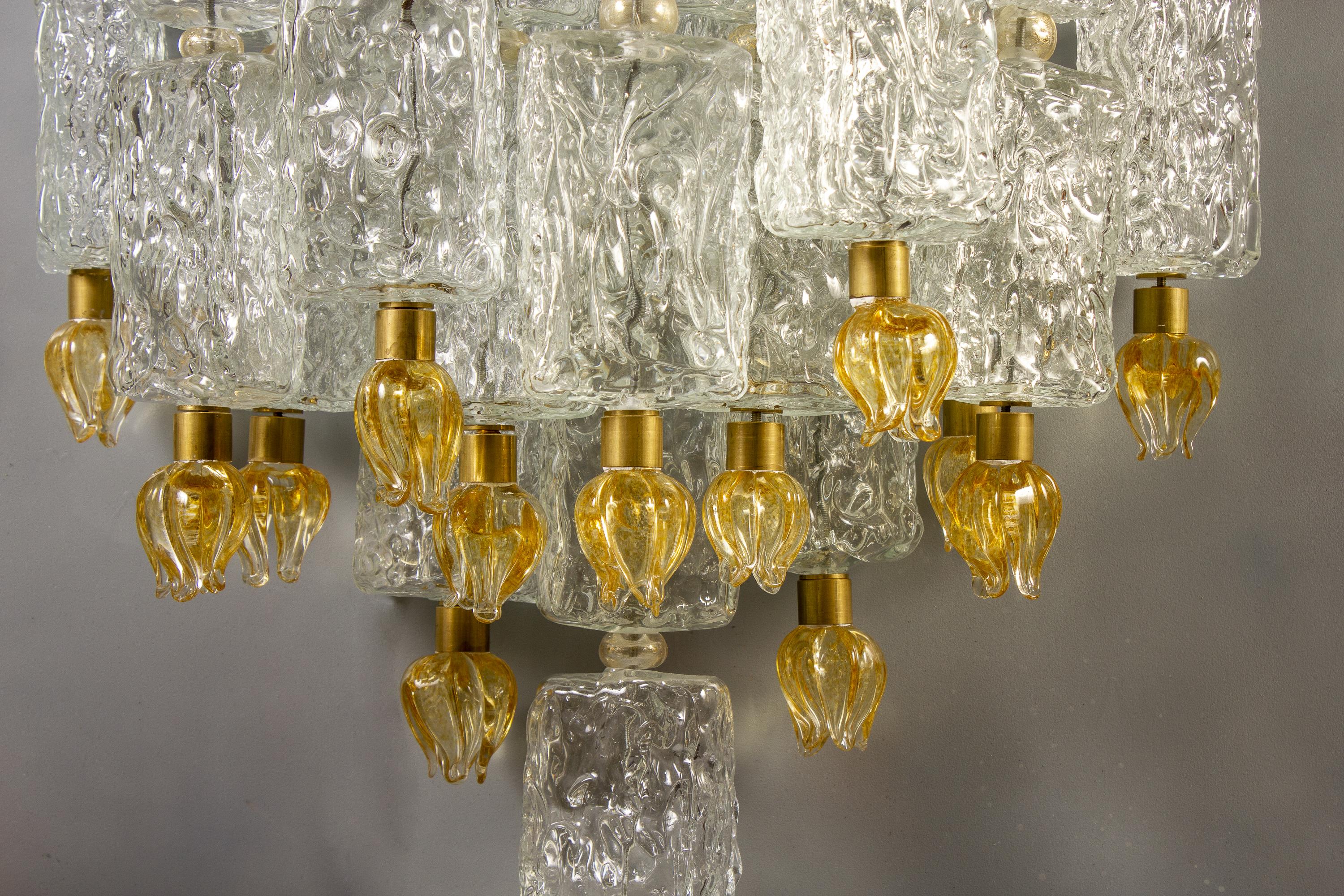 Art Deco Pair of Barovier & Toso Glass Blocks with Gold Tulip Sconces, 1940 For Sale