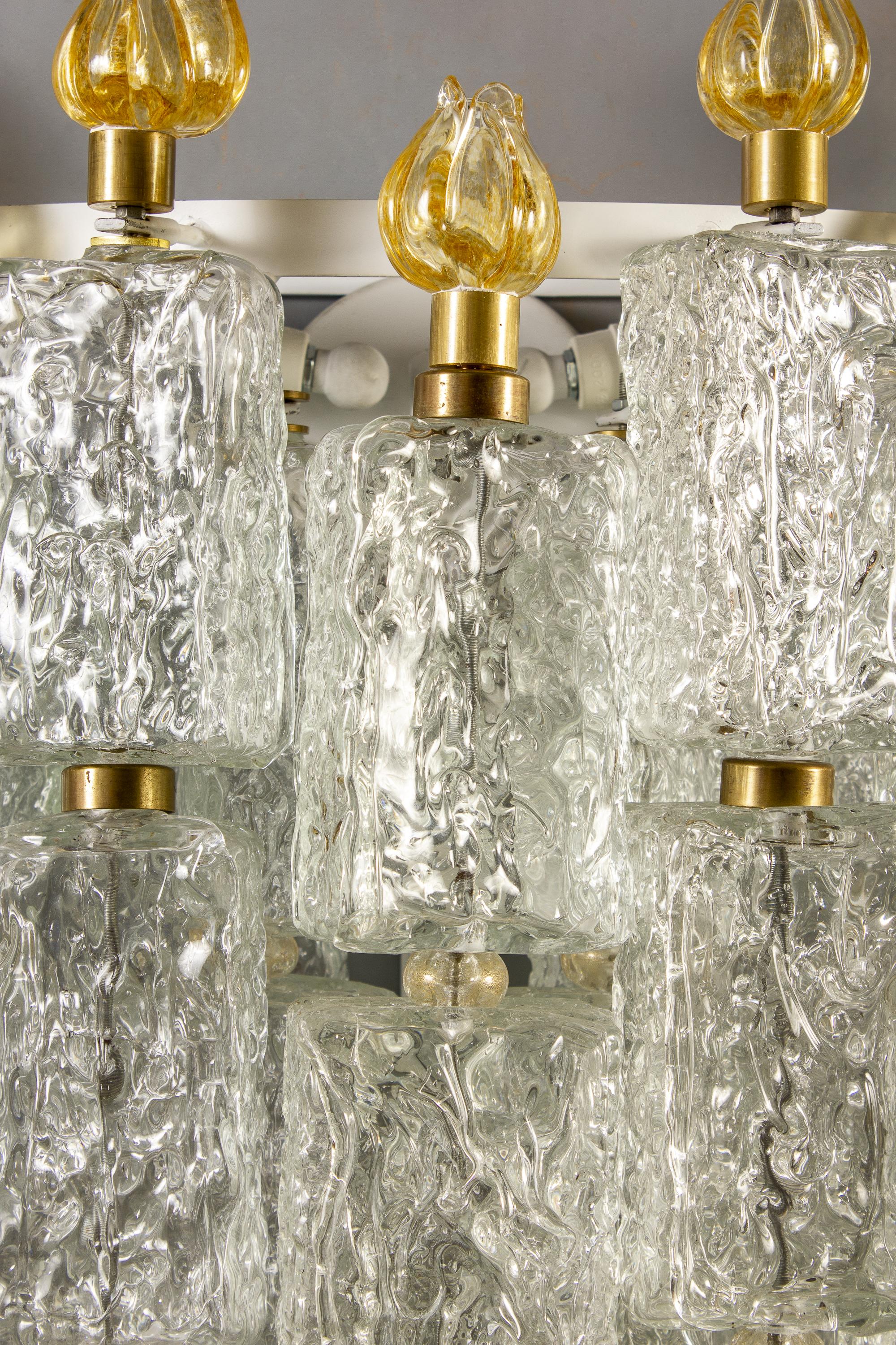 Art Deco Pair of Barovier & Toso Glass Blocks with Gold Tulip Sconces, 1940 For Sale