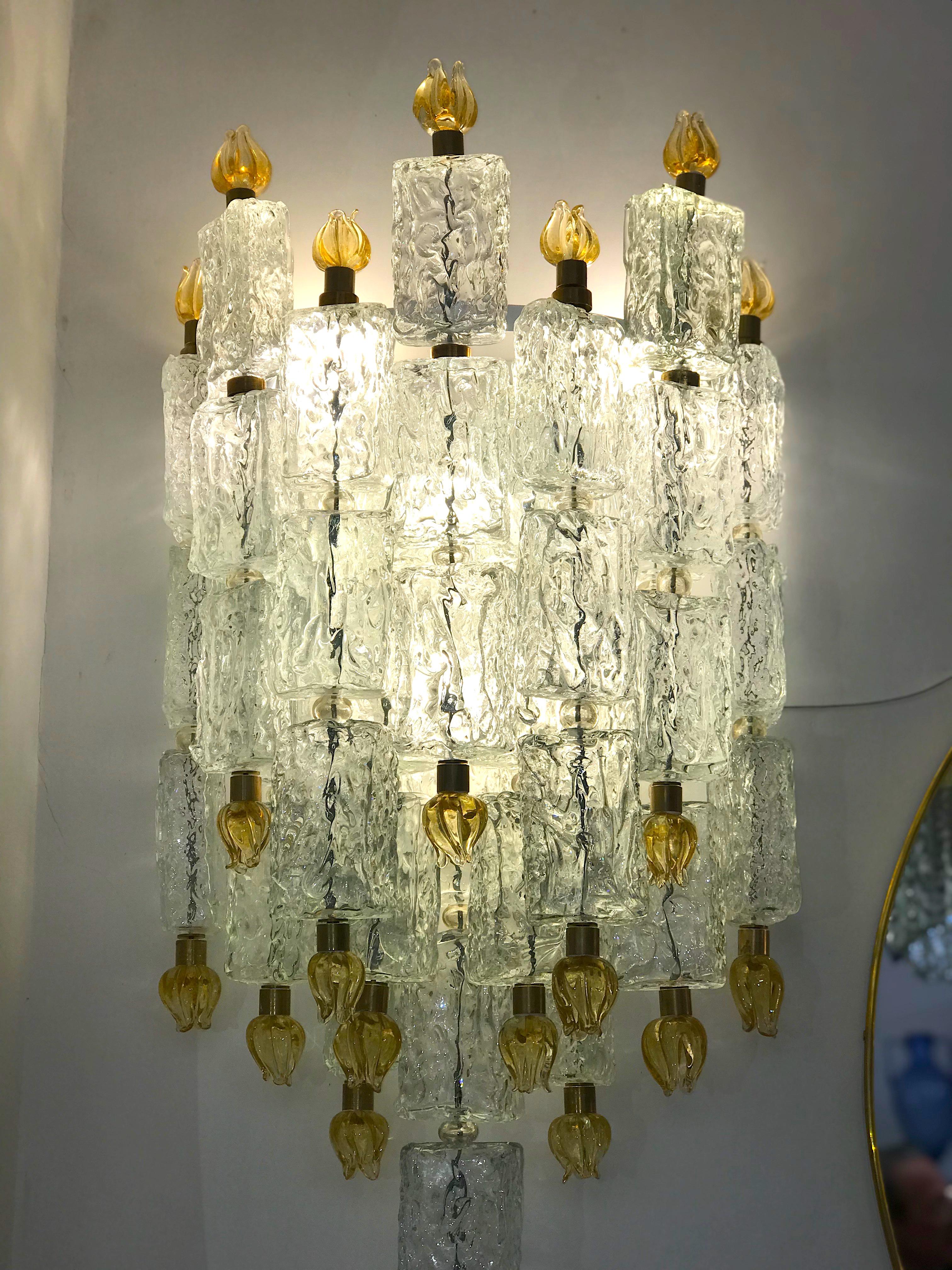 Italian Pair of Barovier & Toso Glass Blocks with Gold Tulip Sconces, 1940 For Sale