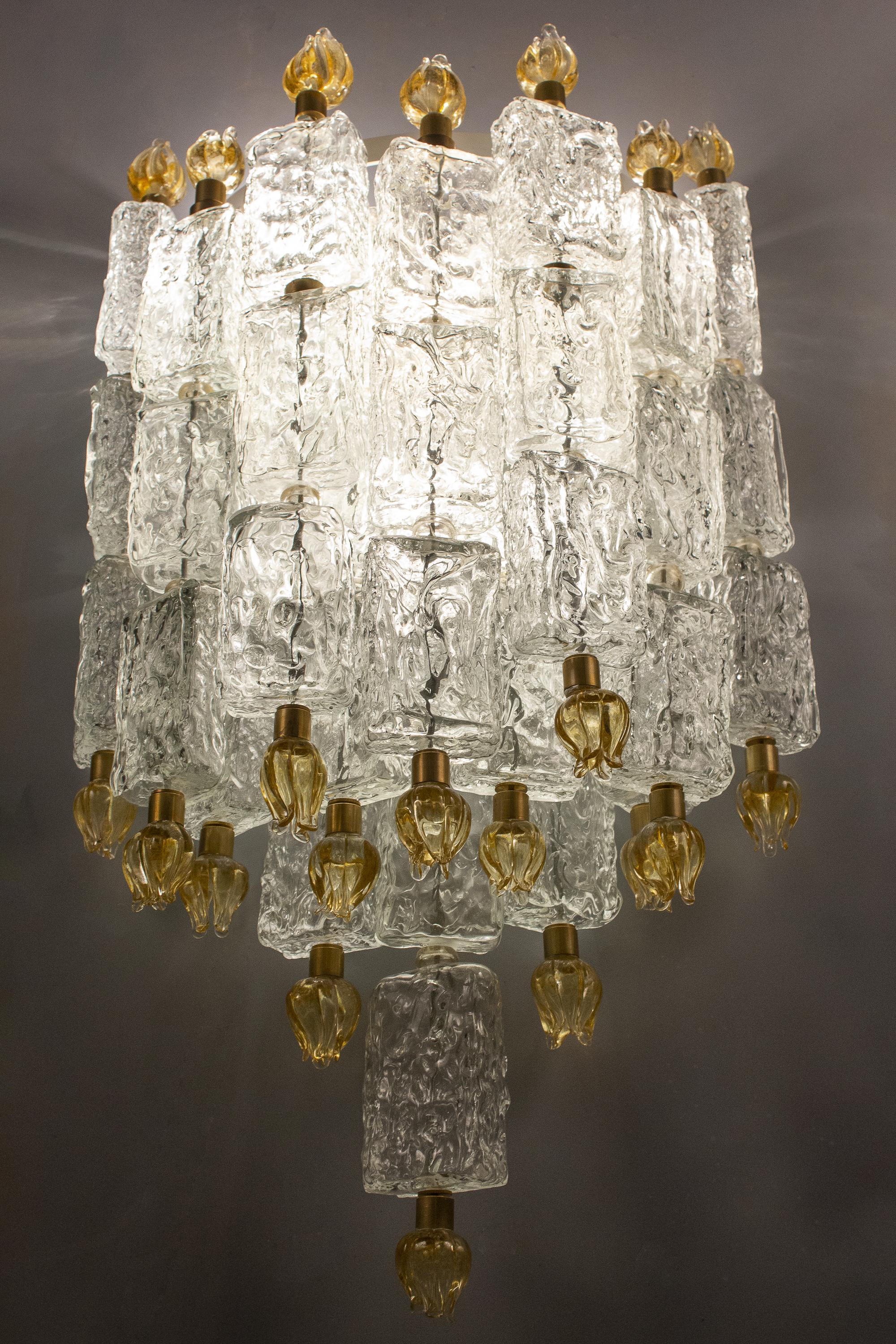 Italian Pair of Barovier & Toso Glass Blocks with Gold Tulip Sconces, 1940 For Sale