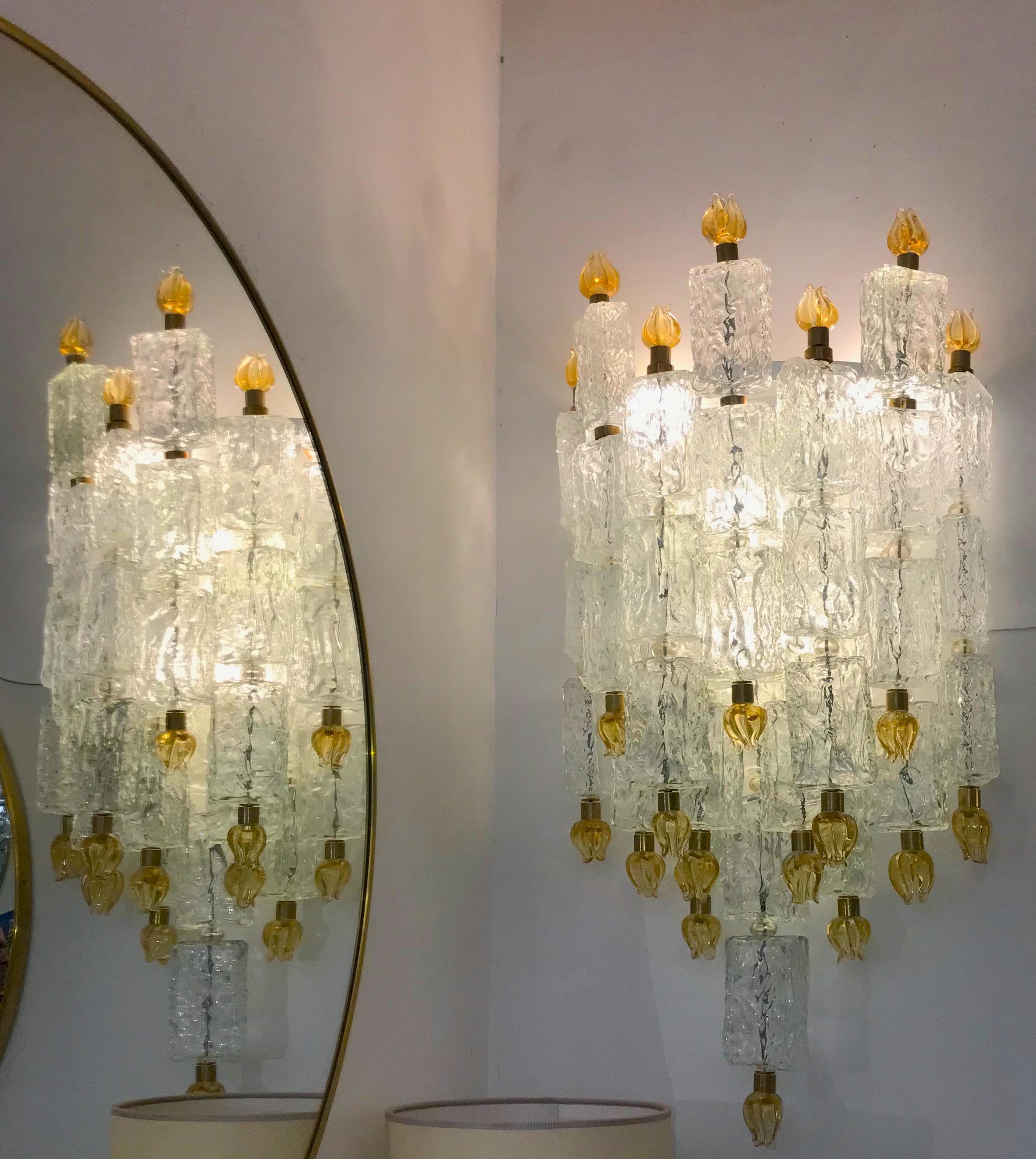 Pair of Barovier & Toso Glass Blocks with Gold Tulip Sconces, 1940 For Sale 1