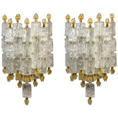 Vintage Pair of Barovier & Toso Glass Blocks with Gold Tulip Sconces, 1940