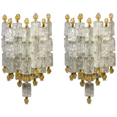 Pair of Barovier & Toso Glass Blocks with Gold Tulip Sconces, 1940