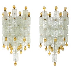Pair of Barovier & Toso Glass Blocks with Gold Tulip Sconces, 1940