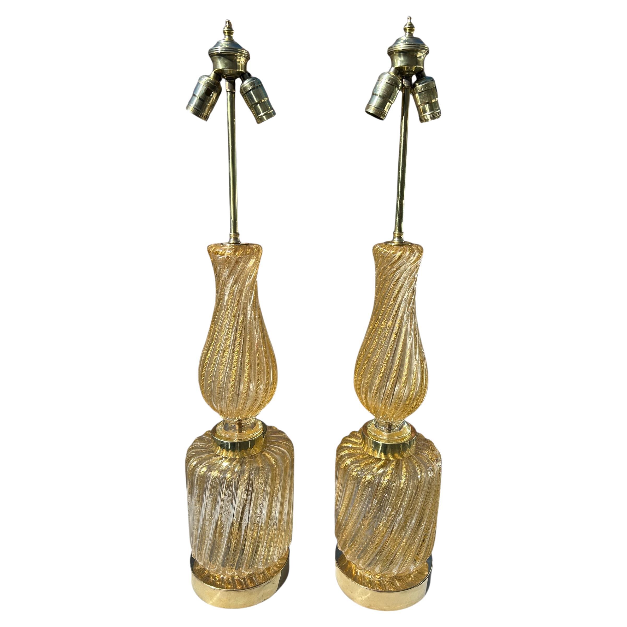 Pair of Barovier & Toso Gold Murano Glass Lamps, C. 1950