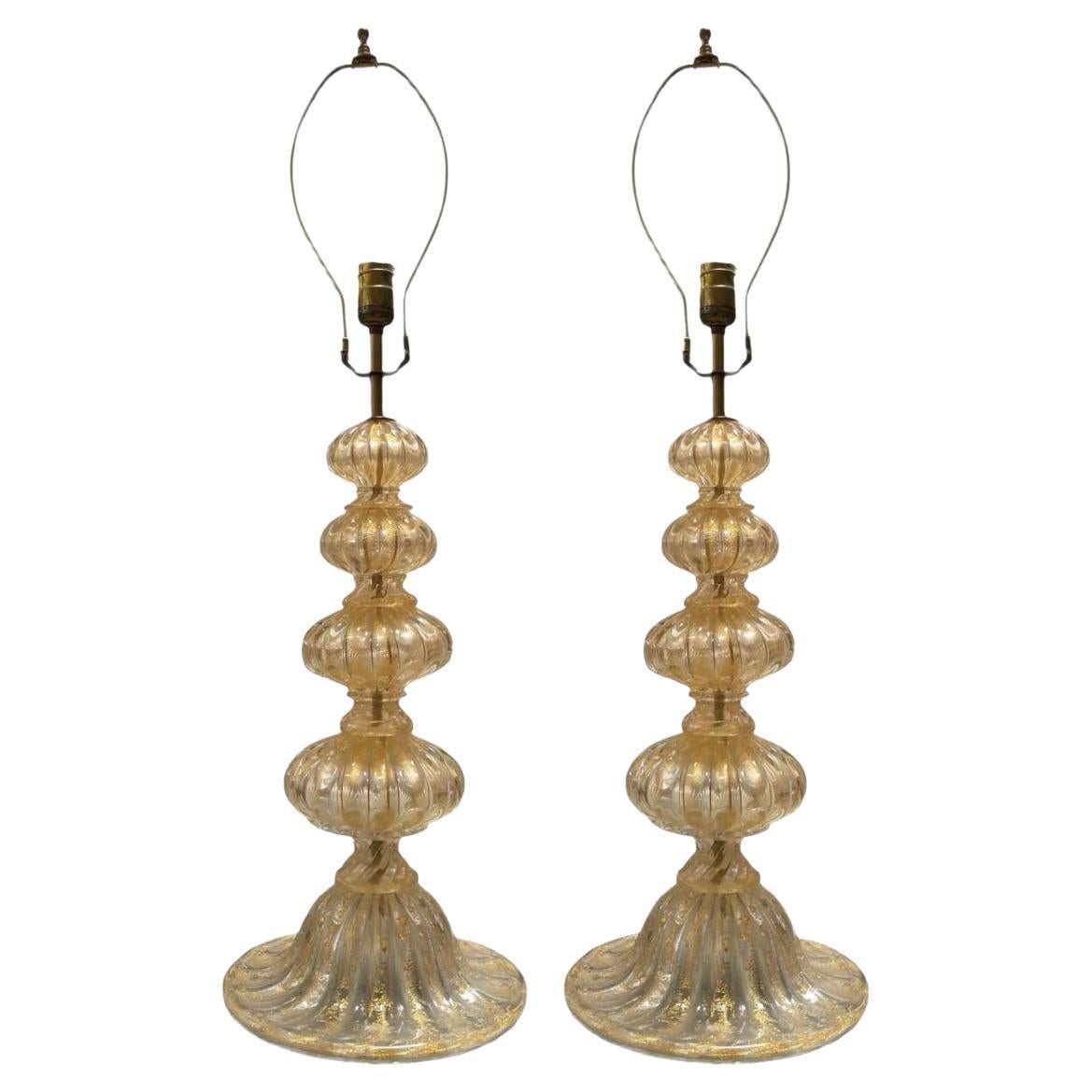 Paire de lampes de table en verre doré de Murano (Italie) de Barovier&Toso