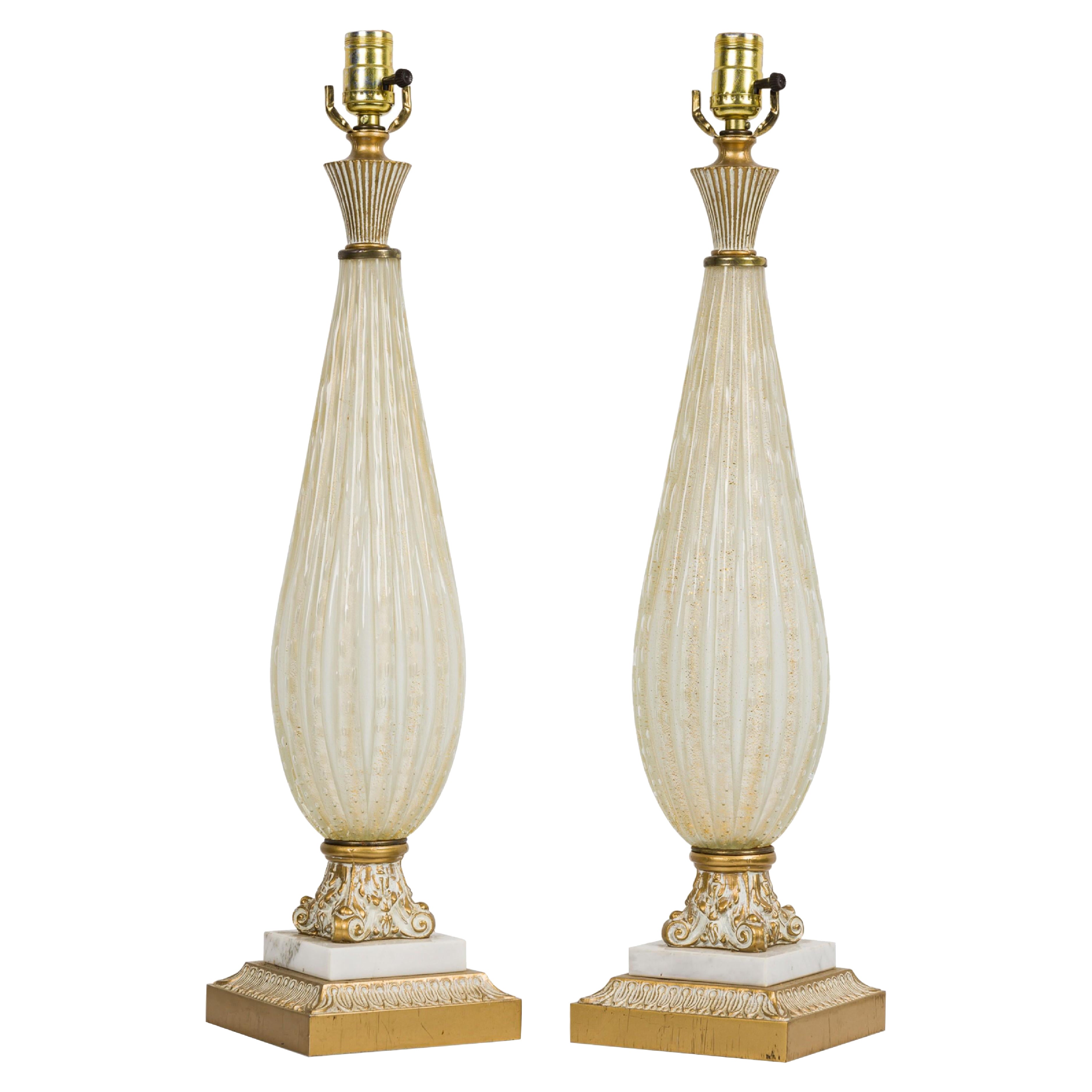 Pair of Barovier
Toso Italian Mid-Century Bolle and Gold Fleck Table Lamps