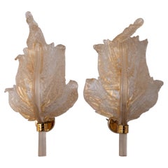 Pair of Barovier & Toso Leaf Sconces Murano Art Glass Clear Golden, 1970s
